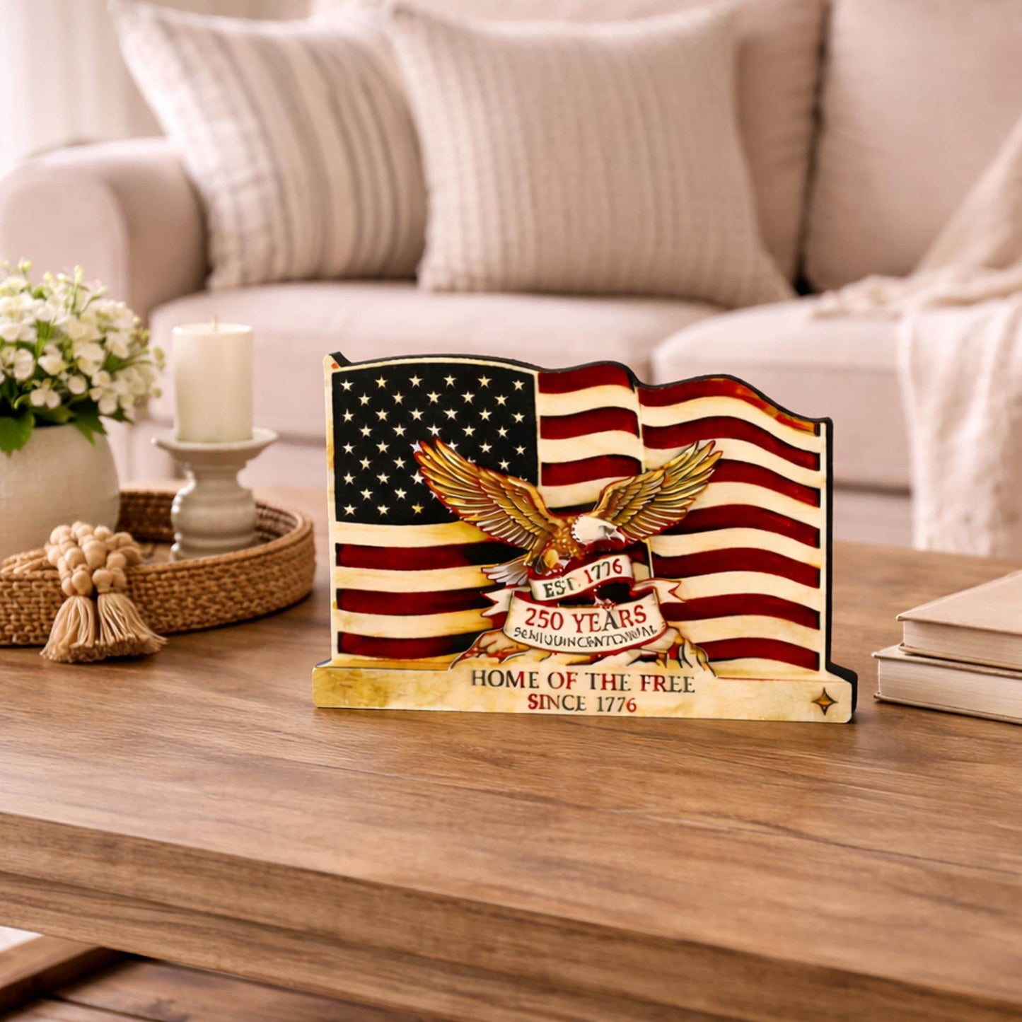 Personalized Patriotic Flag Shelf Sitter, Americana Eagle Decor, 250 Year America Keepsake, Home of the Free Tabletop Sign