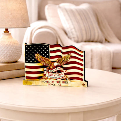 Personalized Patriotic Flag Shelf Sitter, Americana Eagle Decor, 250 Year America Keepsake, Home of the Free Tabletop Sign