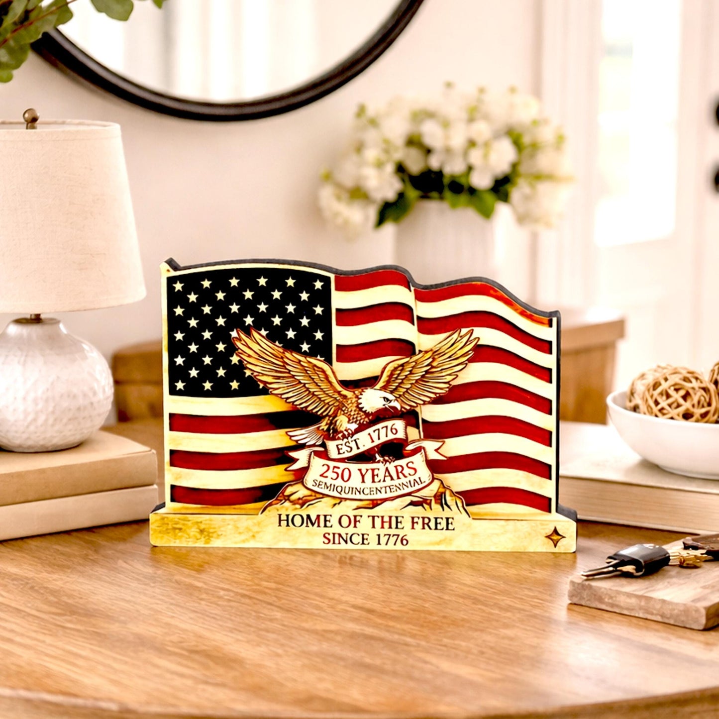 Personalized Patriotic Flag Shelf Sitter, Americana Eagle Decor, 250 Year America Keepsake, Home of the Free Tabletop Sign