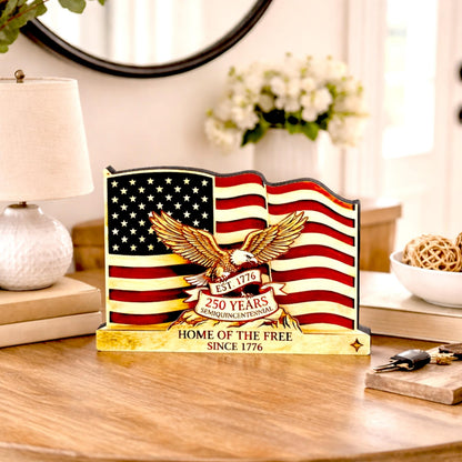 Personalized Patriotic Flag Shelf Sitter, Americana Eagle Decor, 250 Year America Keepsake, Home of the Free Tabletop Sign