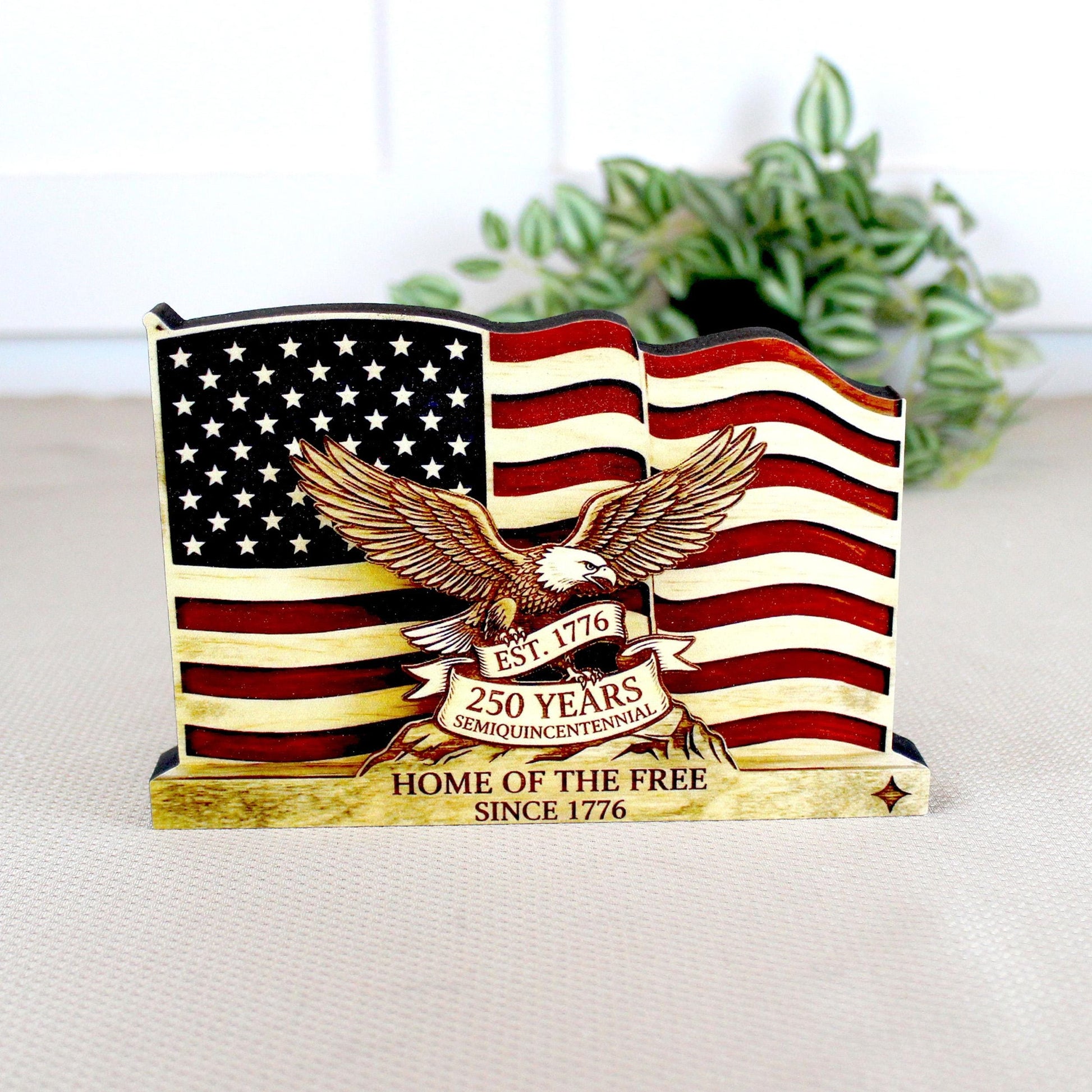 Personalized Patriotic Flag Shelf Sitter, Americana Eagle Decor, 250 Year America Keepsake, Home of the Free Tabletop Sign