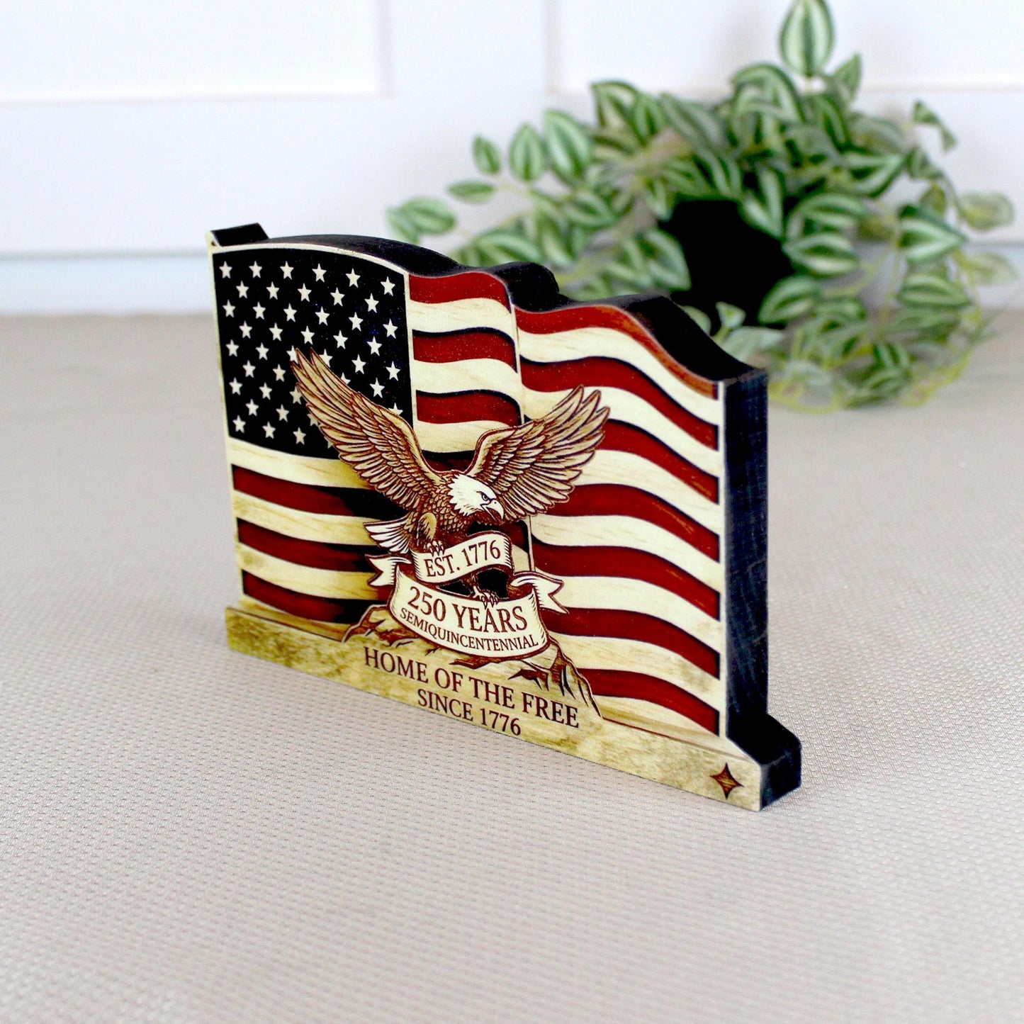 Personalized Patriotic Flag Shelf Sitter, Americana Eagle Decor, 250 Year America Keepsake, Home of the Free Tabletop Sign
