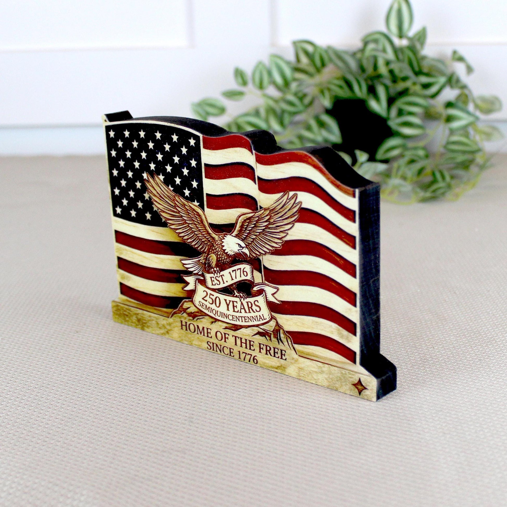 Personalized Patriotic Flag Shelf Sitter, Americana Eagle Decor, 250 Year America Keepsake, Home of the Free Tabletop Sign