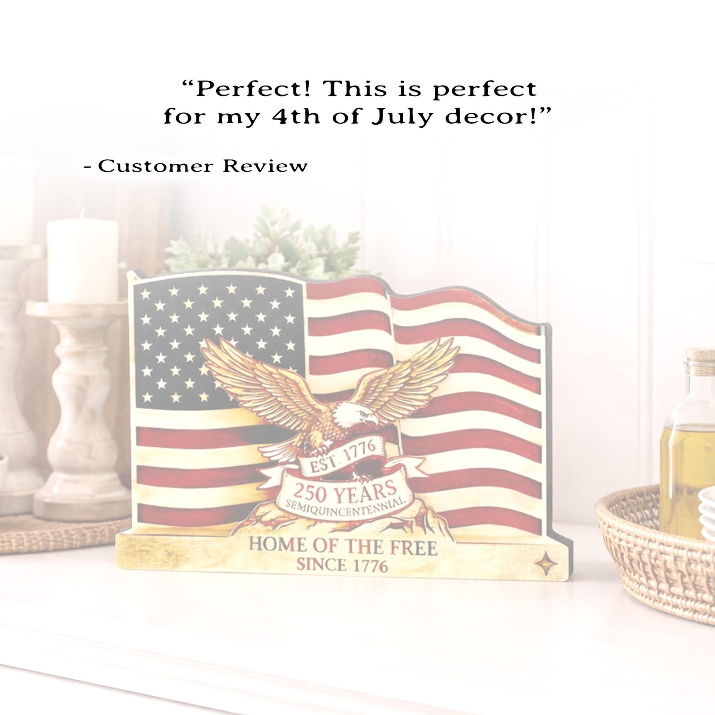 Personalized Patriotic Flag Shelf Sitter, Americana Eagle Decor, 250 Year America Keepsake, Home of the Free Tabletop Sign