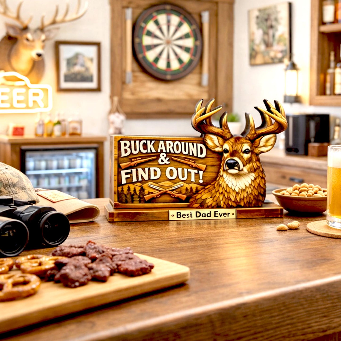 Personalized Deer Hunter Shelf Sitter, Best Dad Ever Gift, Buck Around and Find Out Decor, Rustic Hunting Cabin Sign