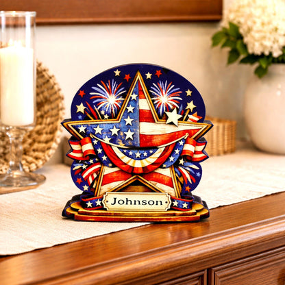 Personalized Patriotic Star Shelf Sitter, Americana Table Decor, 4th of July Decoration, Firework Shelf Sign, Independence Day Decoration