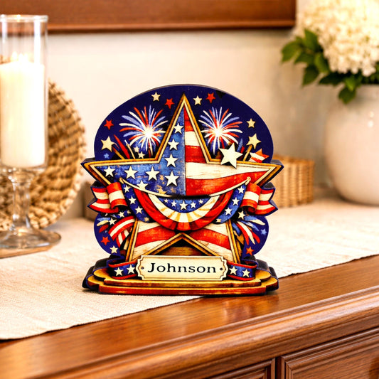Personalized Patriotic Star Shelf Sitter, Americana Table Decor, 4th of July Decoration, Firework Shelf Sign, Independence Day Decoration