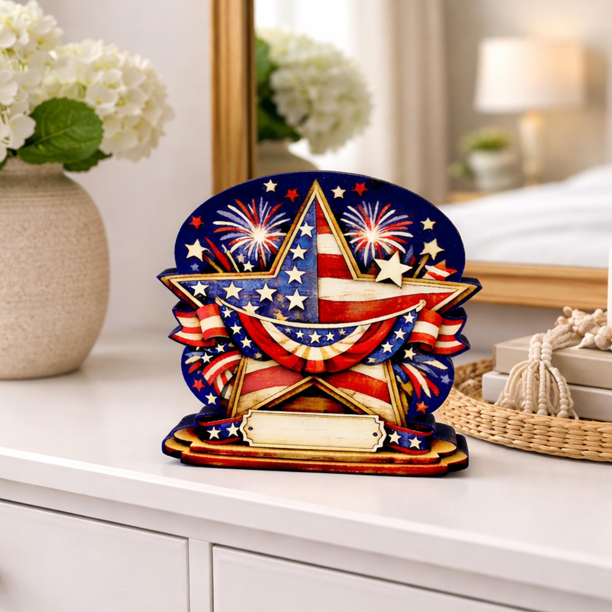 Personalized Patriotic Star Shelf Sitter, Americana Table Decor, 4th of July Decoration, Firework Shelf Sign, Independence Day Decoration