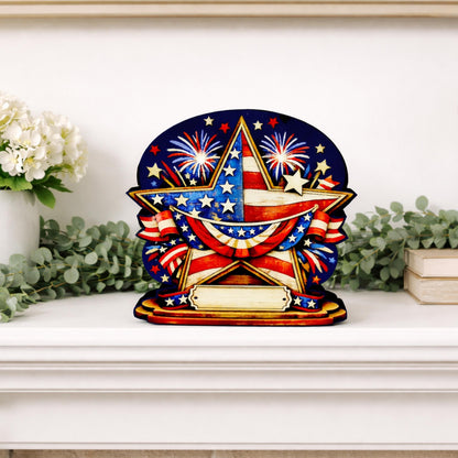 Personalized Patriotic Star Shelf Sitter, Americana Table Decor, 4th of July Decoration, Firework Shelf Sign, Independence Day Decoration