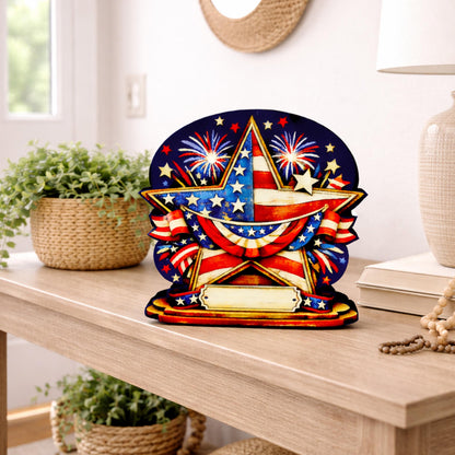 Personalized Patriotic Star Shelf Sitter, Americana Table Decor, 4th of July Decoration, Firework Shelf Sign, Independence Day Decoration