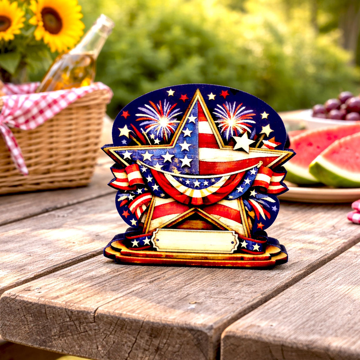 Personalized Patriotic Star Shelf Sitter, Americana Table Decor, 4th of July Decoration, Firework Shelf Sign, Independence Day Decoration