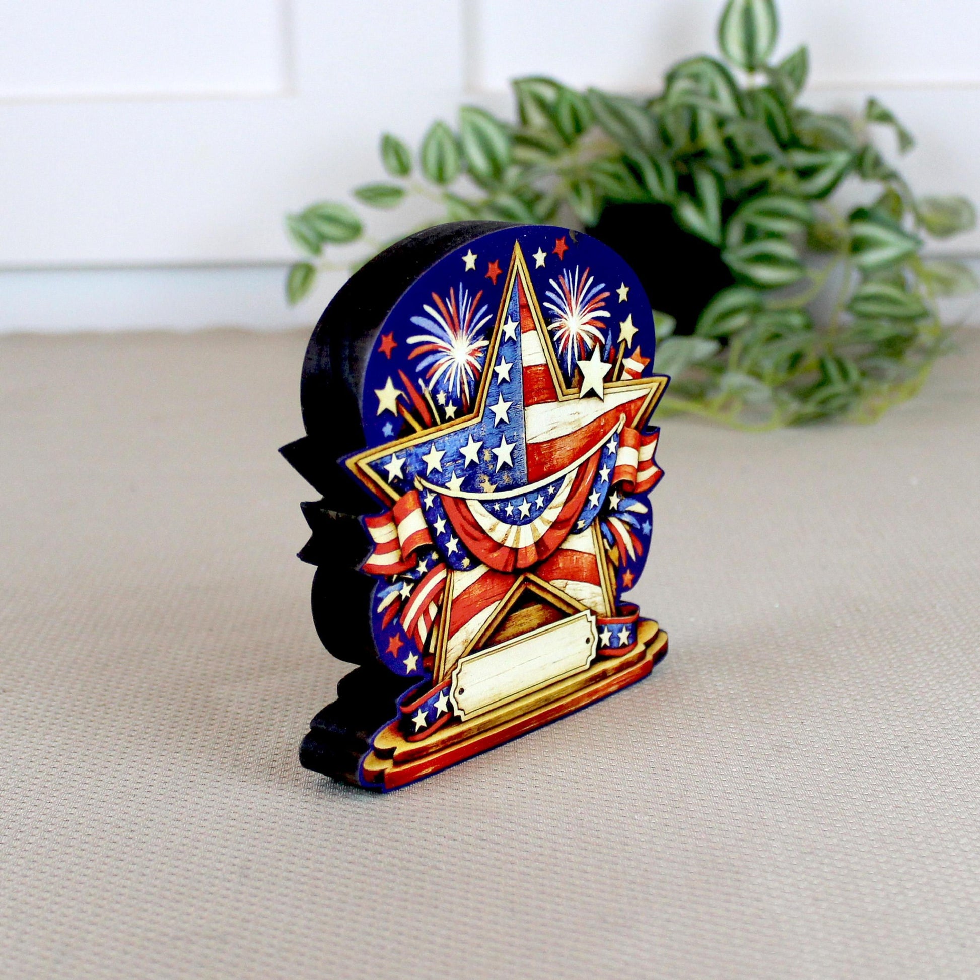 Personalized Patriotic Star Shelf Sitter, Americana Table Decor, 4th of July Decoration, Firework Shelf Sign, Independence Day Decoration