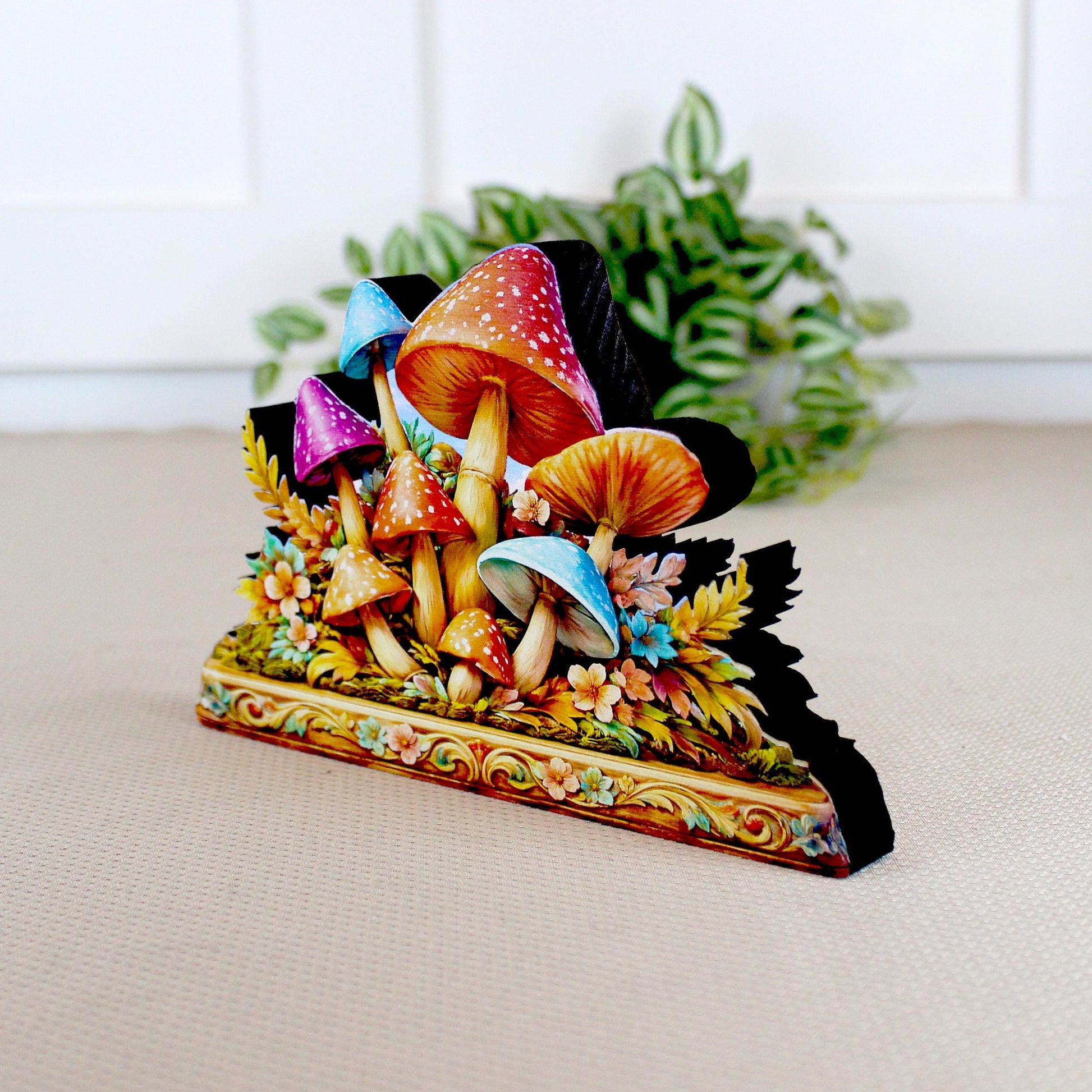 Personalized Colorful Mushroom Shelf Sitter, Nursery Table Decor, Whimsical Floral Woodland Decor, Baby Room Keepsake. Mantel & Tiered Tray