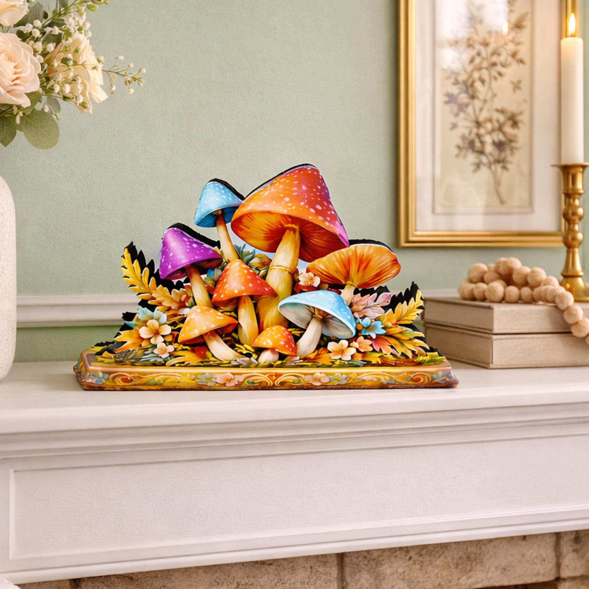 Personalized Colorful Mushroom Shelf Sitter, Nursery Table Decor, Whimsical Floral Woodland Decor, Baby Room Keepsake. Mantel & Tiered Tray