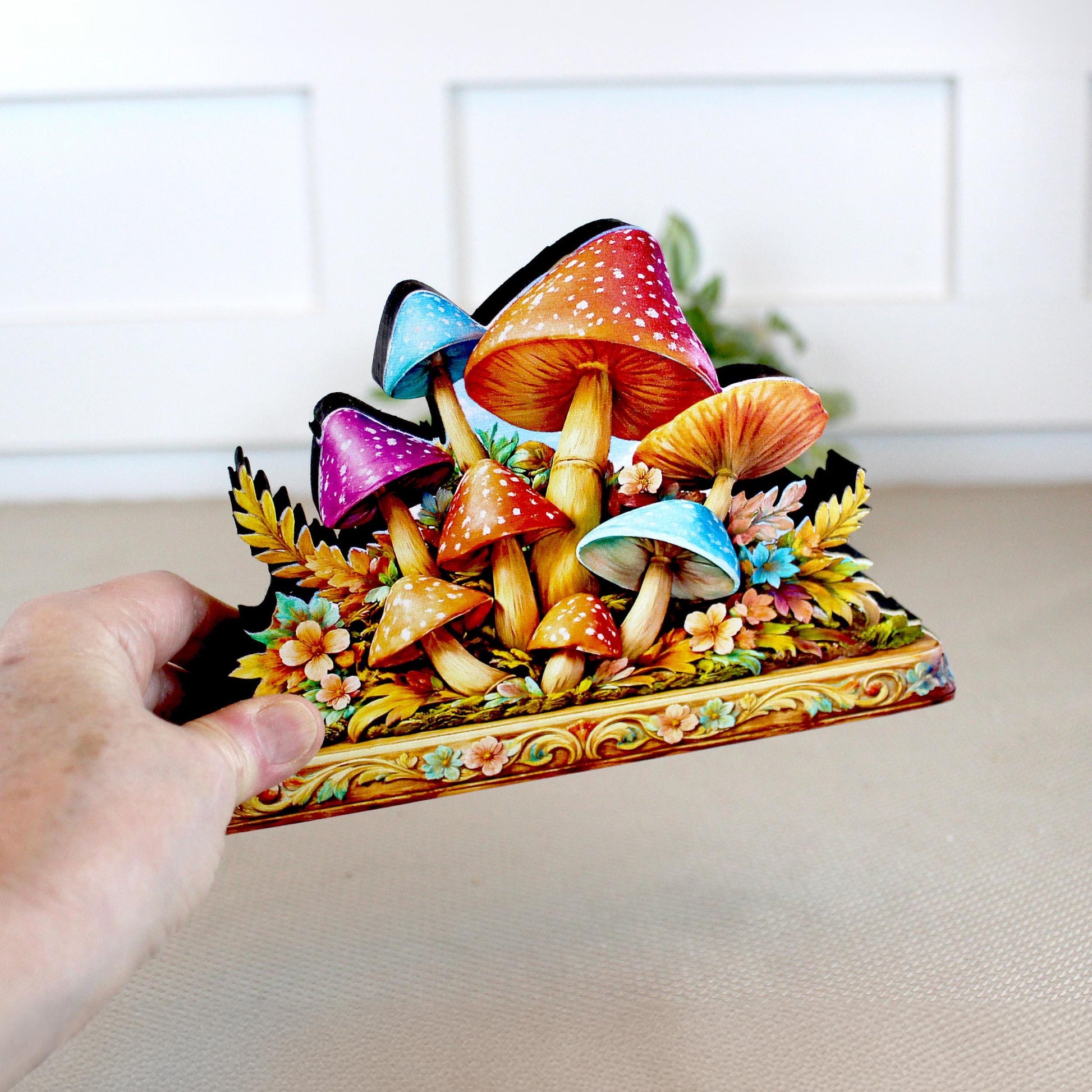Personalized Colorful Mushroom Shelf Sitter, Nursery Table Decor, Whimsical Floral Woodland Decor, Baby Room Keepsake. Mantel & Tiered Tray