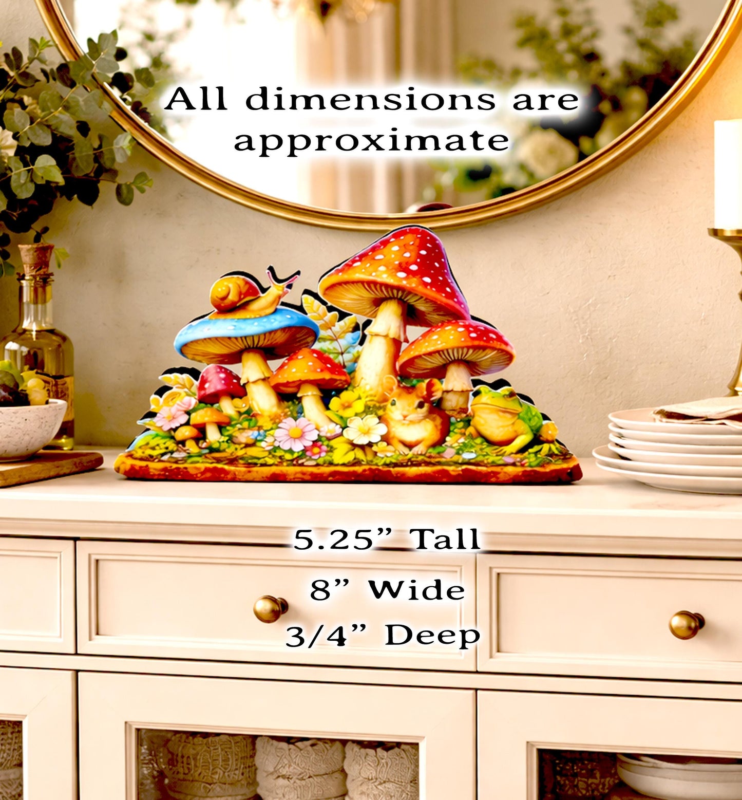Personalized Colorful Mushroom Shelf Sitter – Toadstools and Field Mouse – Custom Name Kids Room or Nursery, Decor Mantel & Tiered Tray