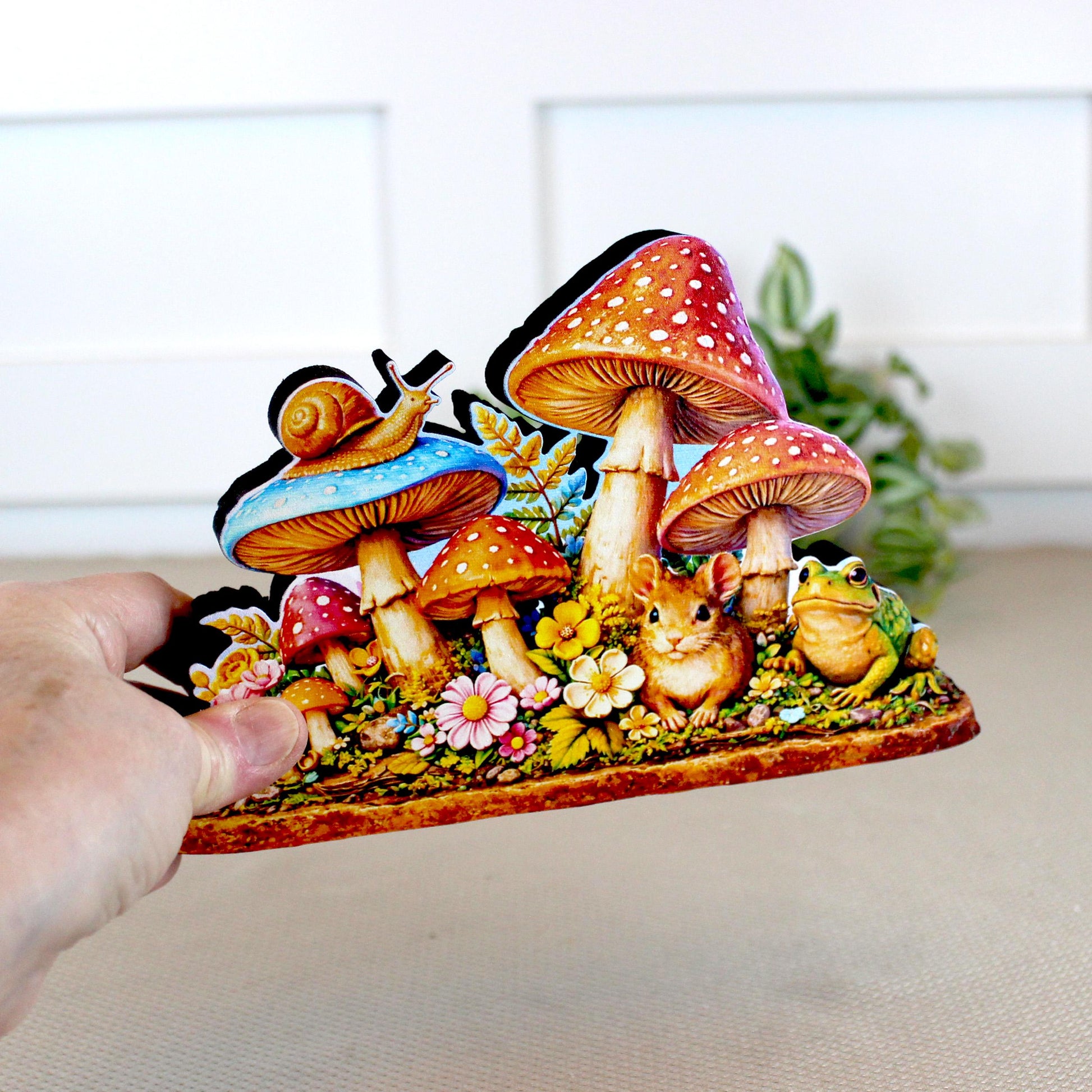 Personalized Colorful Mushroom Shelf Sitter – Toadstools and Field Mouse – Custom Name Kids Room or Nursery, Decor Mantel & Tiered Tray