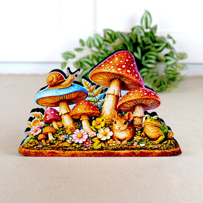 Personalized Colorful Mushroom Shelf Sitter – Toadstools and Field Mouse – Custom Name Kids Room or Nursery, Decor Mantel & Tiered Tray