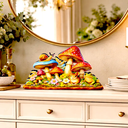 Personalized Colorful Mushroom Shelf Sitter – Toadstools and Field Mouse – Custom Name Kids Room or Nursery, Decor Mantel & Tiered Tray