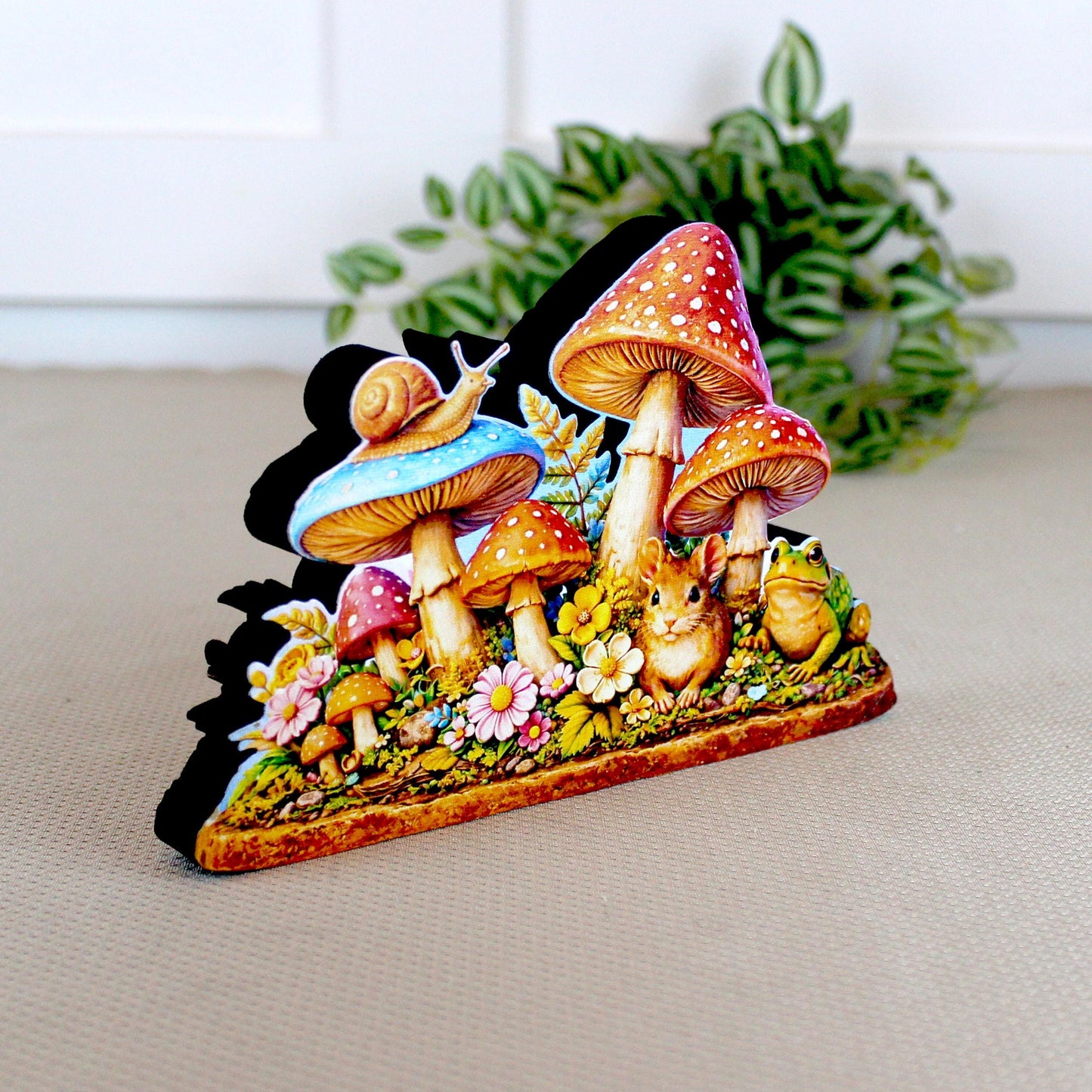 Personalized Colorful Mushroom Shelf Sitter – Toadstools and Field Mouse – Custom Name Kids Room or Nursery, Decor Mantel & Tiered Tray