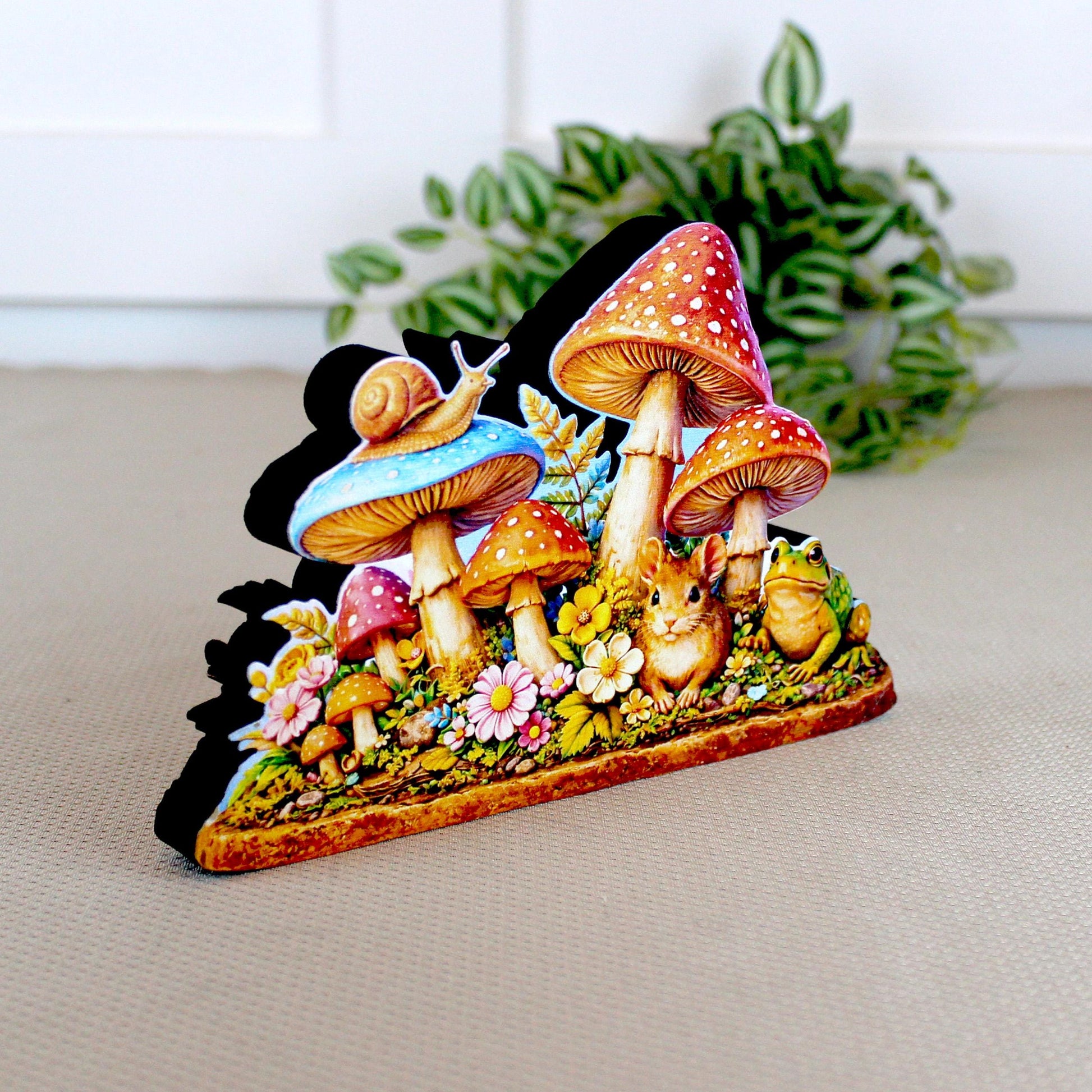 Personalized Colorful Mushroom Shelf Sitter – Toadstools and Field Mouse – Custom Name Kids Room or Nursery, Decor Mantel & Tiered Tray