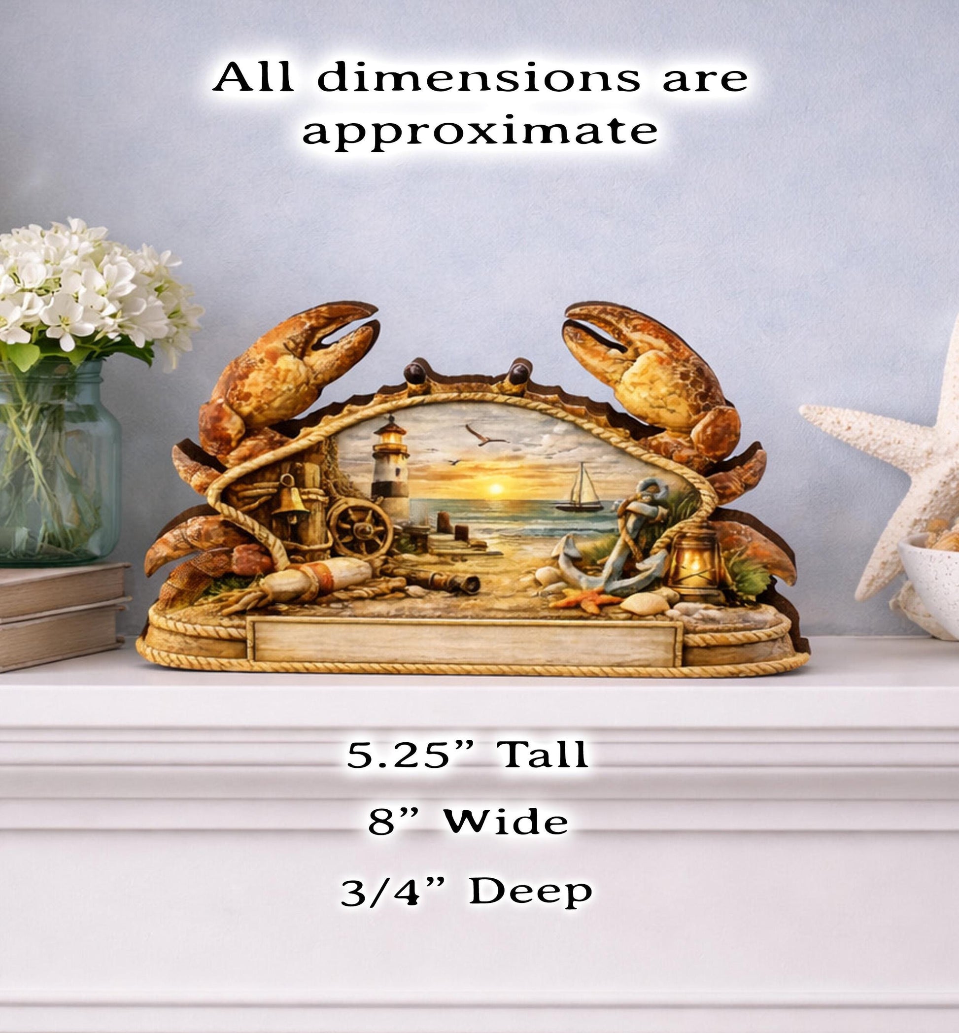 Personalized Nautical Crab Shelf Sitter, Coastal Beach Table Decor, Lighthouse Ocean Scene, Beach House Keepsake, Mantel & Tiered Tray Decor