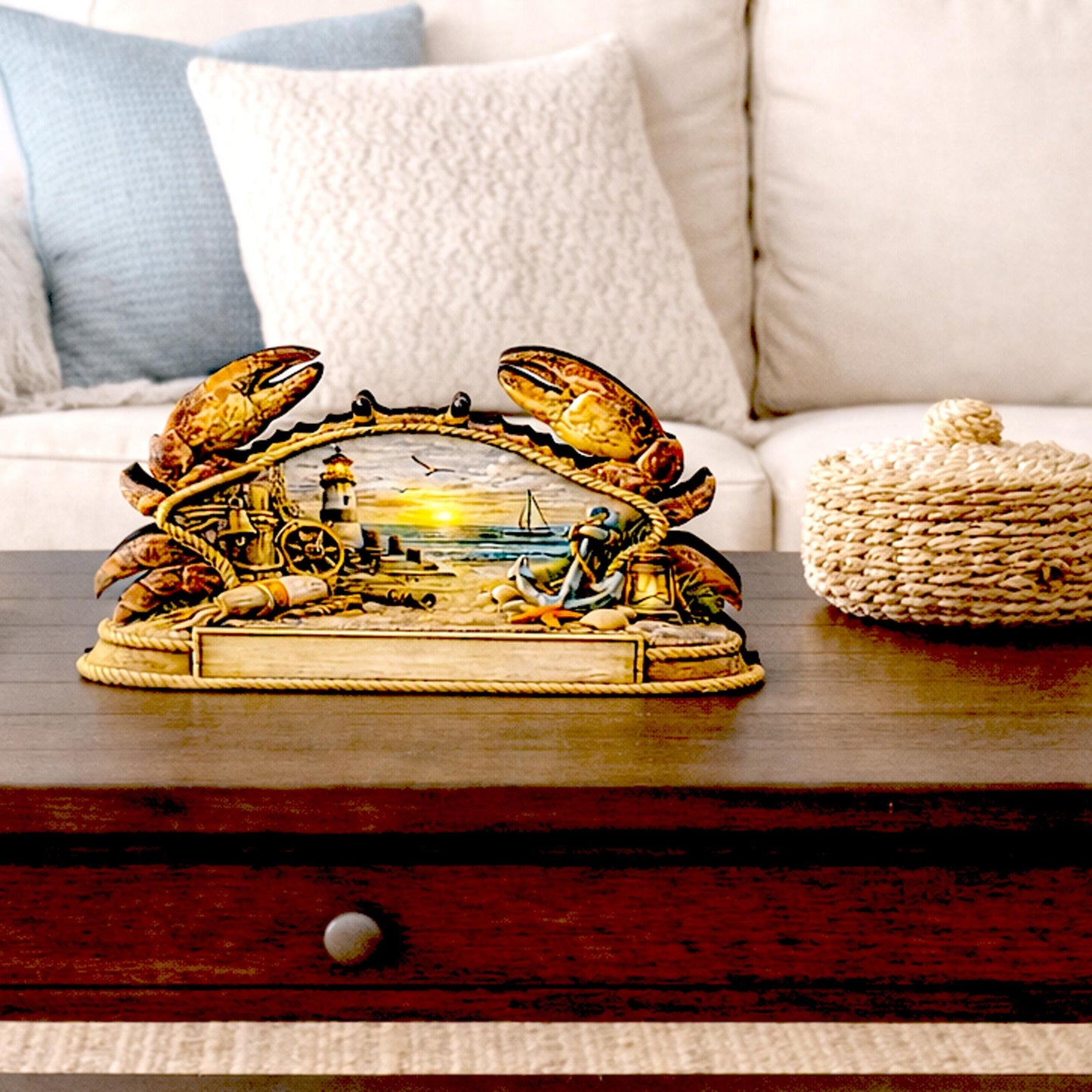 Personalized Nautical Crab Shelf Sitter, Coastal Beach Table Decor, Lighthouse Ocean Scene, Beach House Keepsake, Mantel & Tiered Tray Decor