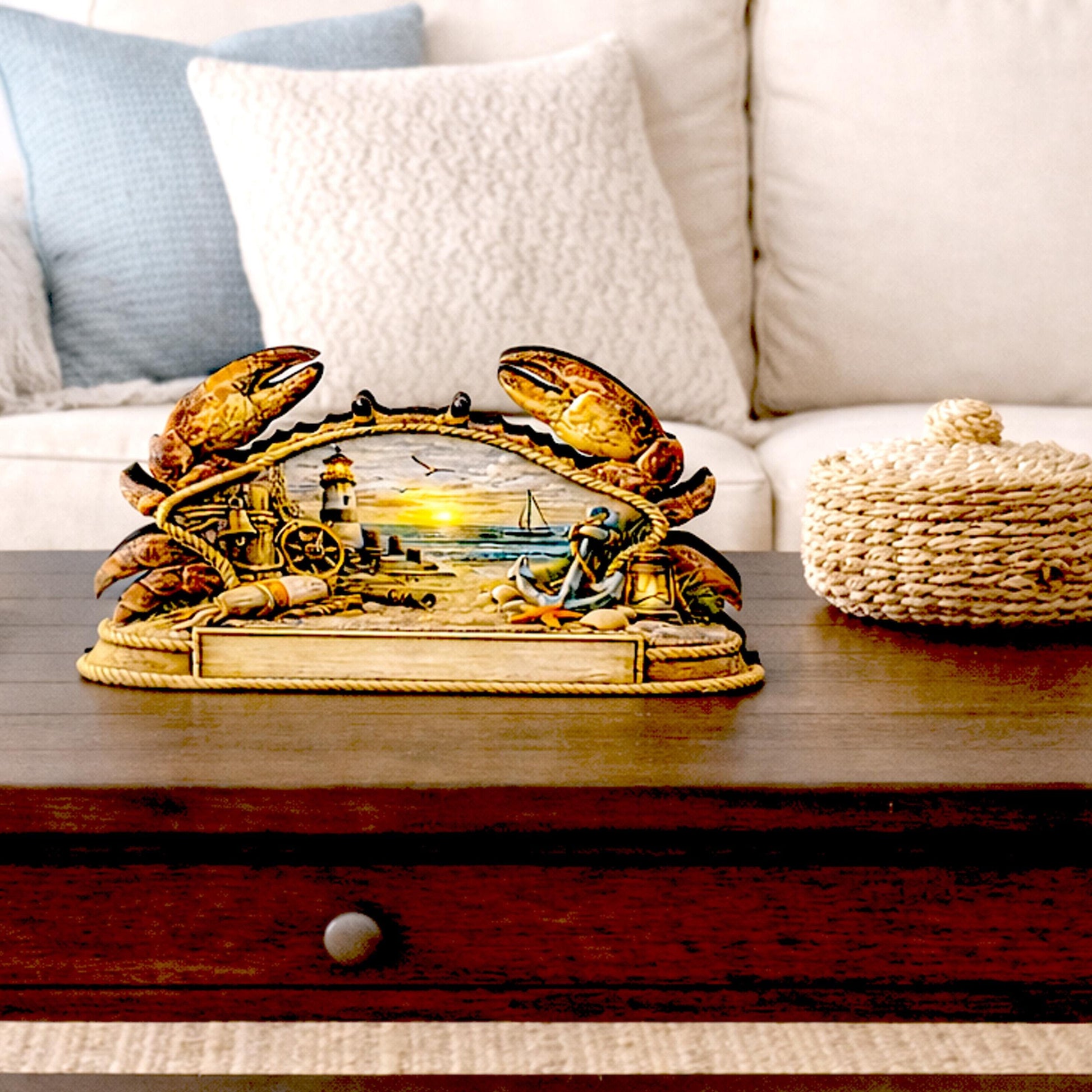 Personalized Nautical Crab Shelf Sitter, Coastal Beach Table Decor, Lighthouse Ocean Scene, Beach House Keepsake, Mantel & Tiered Tray Decor