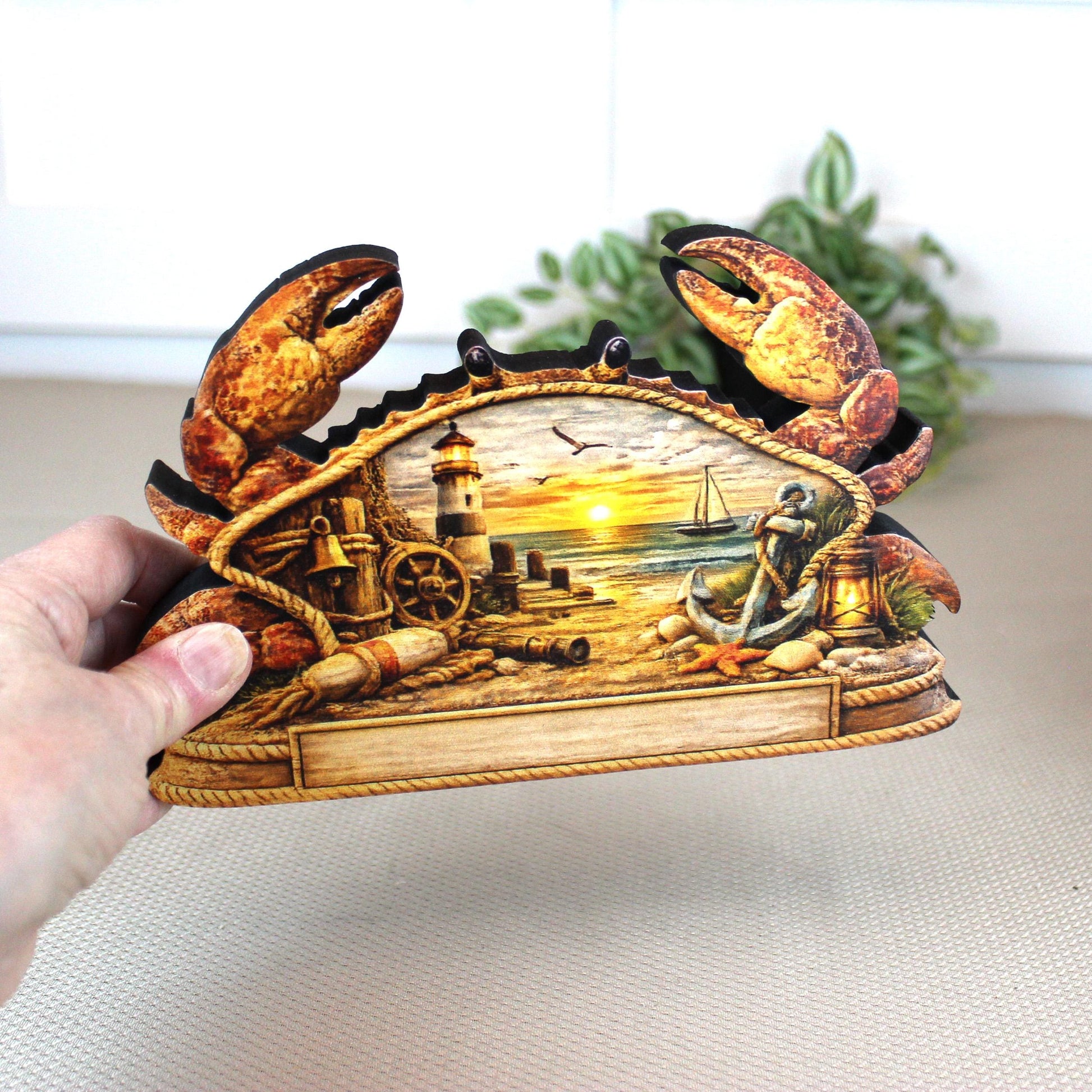 Personalized Nautical Crab Shelf Sitter, Coastal Beach Table Decor, Lighthouse Ocean Scene, Beach House Keepsake, Mantel & Tiered Tray Decor