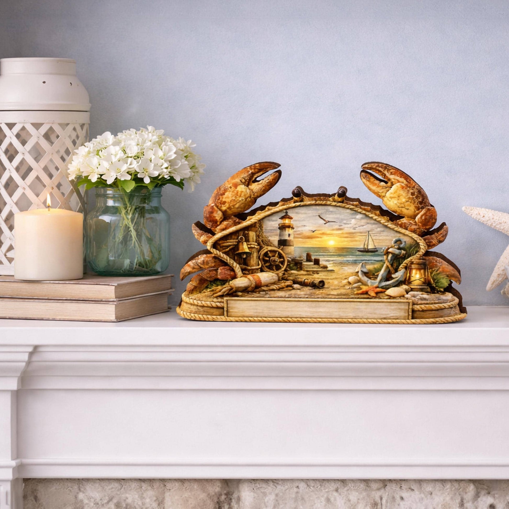 Personalized Nautical Crab Shelf Sitter, Coastal Beach Table Decor, Lighthouse Ocean Scene, Beach House Keepsake, Mantel & Tiered Tray Decor