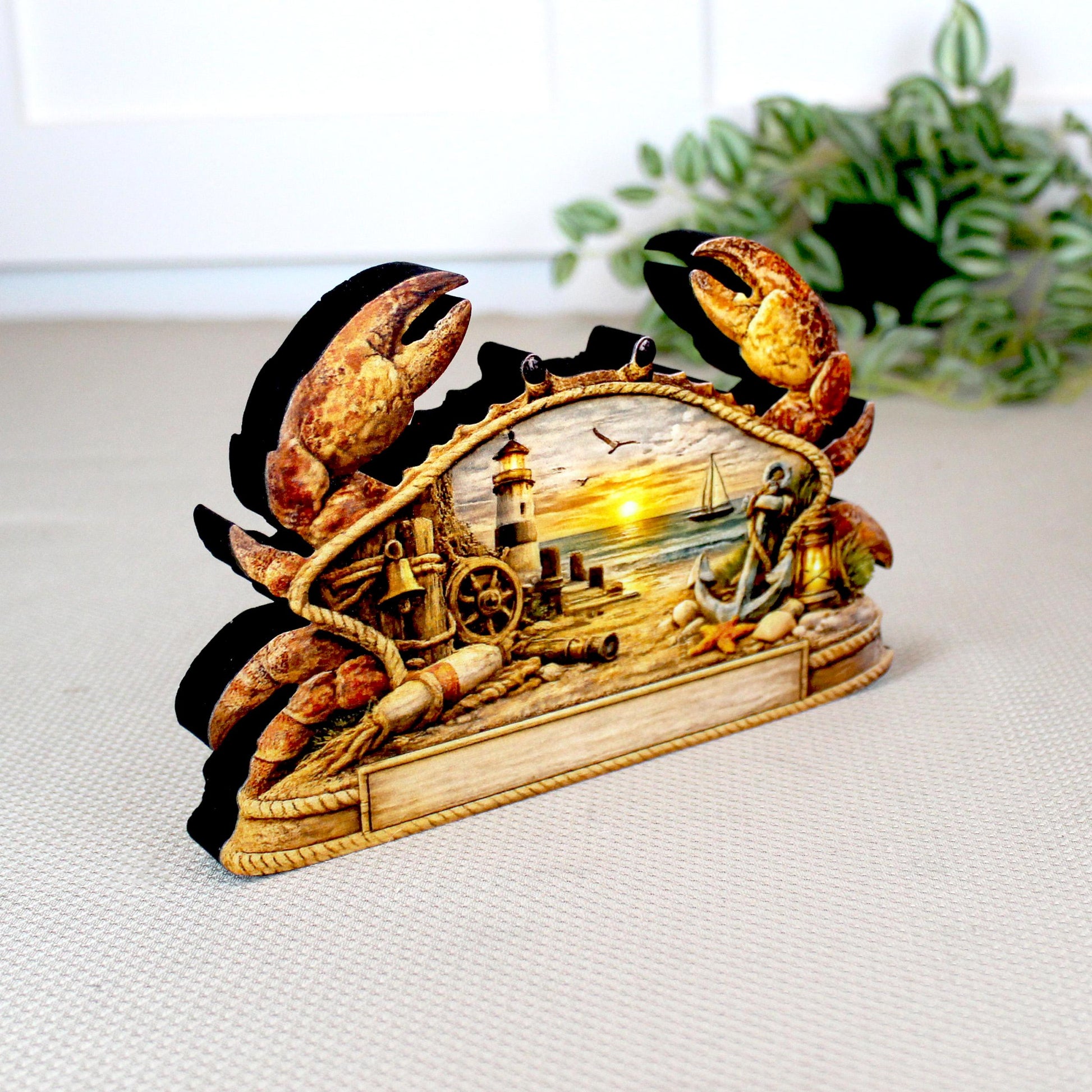Personalized Nautical Crab Shelf Sitter, Coastal Beach Table Decor, Lighthouse Ocean Scene, Beach House Keepsake, Mantel & Tiered Tray Decor