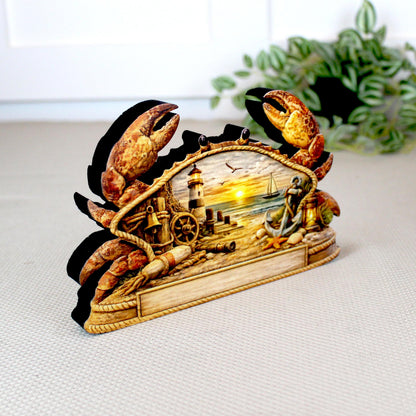 Personalized Nautical Crab Shelf Sitter, Coastal Beach Table Decor, Lighthouse Ocean Scene, Beach House Keepsake, Mantel & Tiered Tray Decor