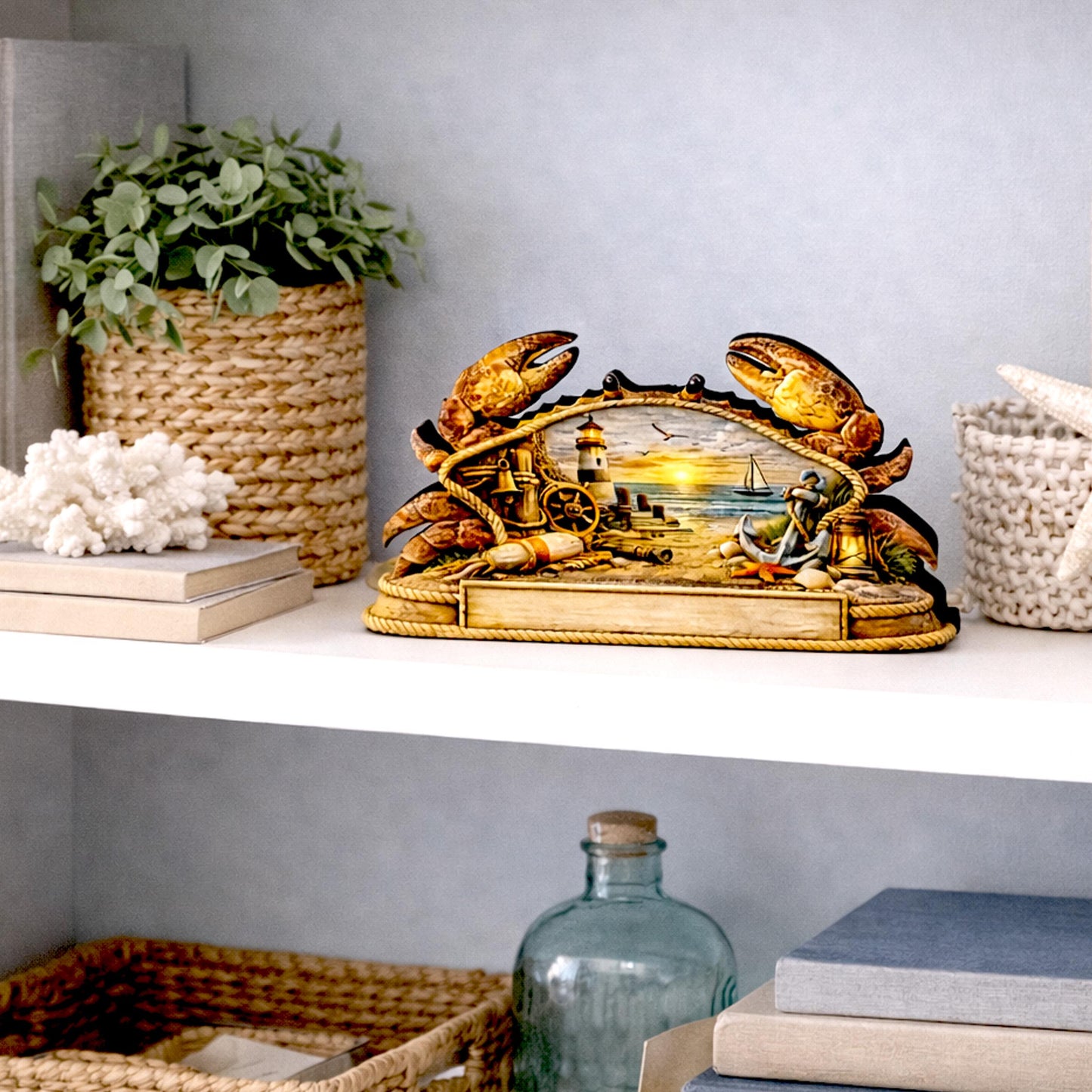 Personalized Nautical Crab Shelf Sitter, Coastal Beach Table Decor, Lighthouse Ocean Scene, Beach House Keepsake, Mantel & Tiered Tray Decor