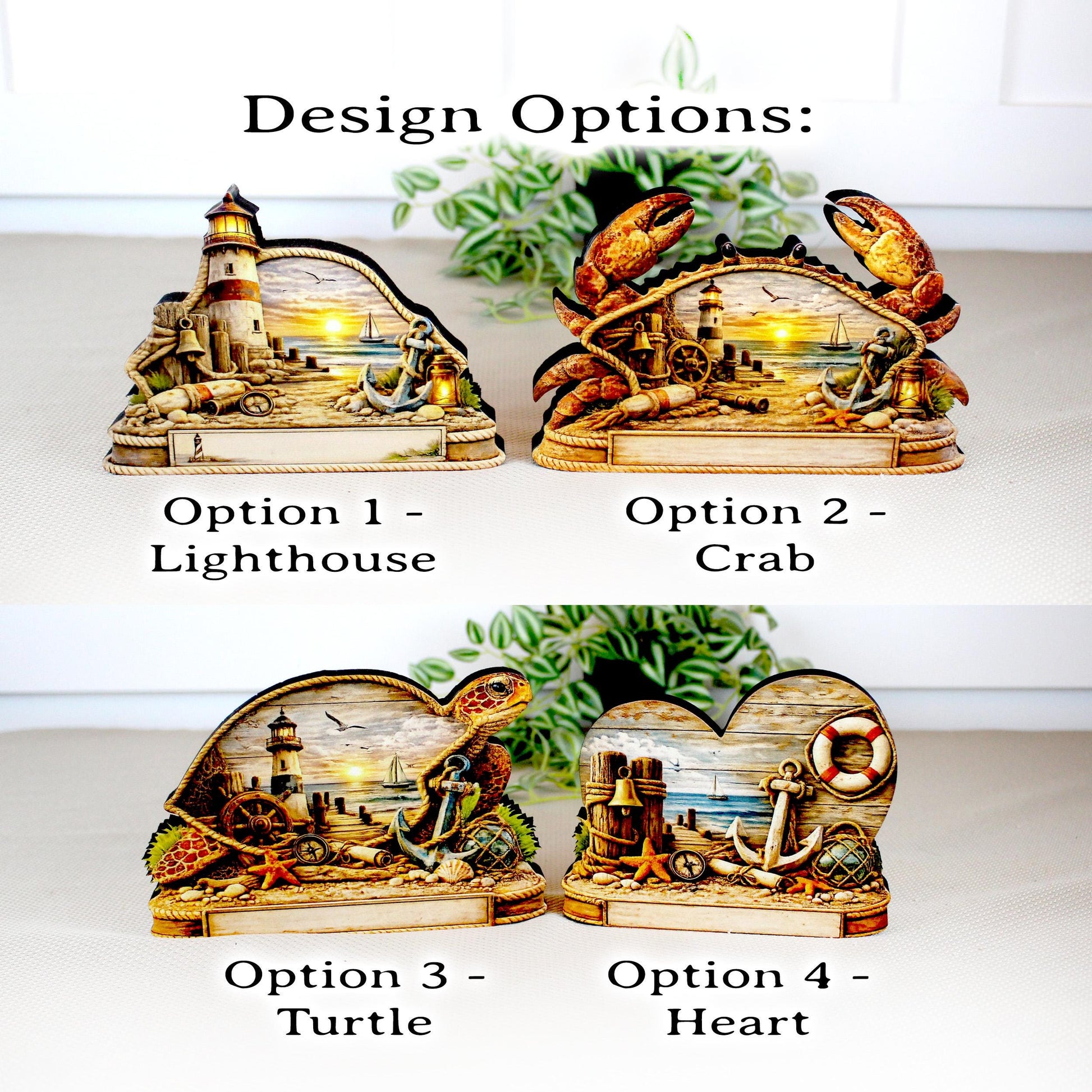 Personalized Nautical Crab Shelf Sitter, Coastal Beach Table Decor, Lighthouse Ocean Scene, Beach House Keepsake, Mantel & Tiered Tray Decor