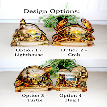 Personalized Nautical Crab Shelf Sitter, Coastal Beach Table Decor, Lighthouse Ocean Scene, Beach House Keepsake, Mantel & Tiered Tray Decor