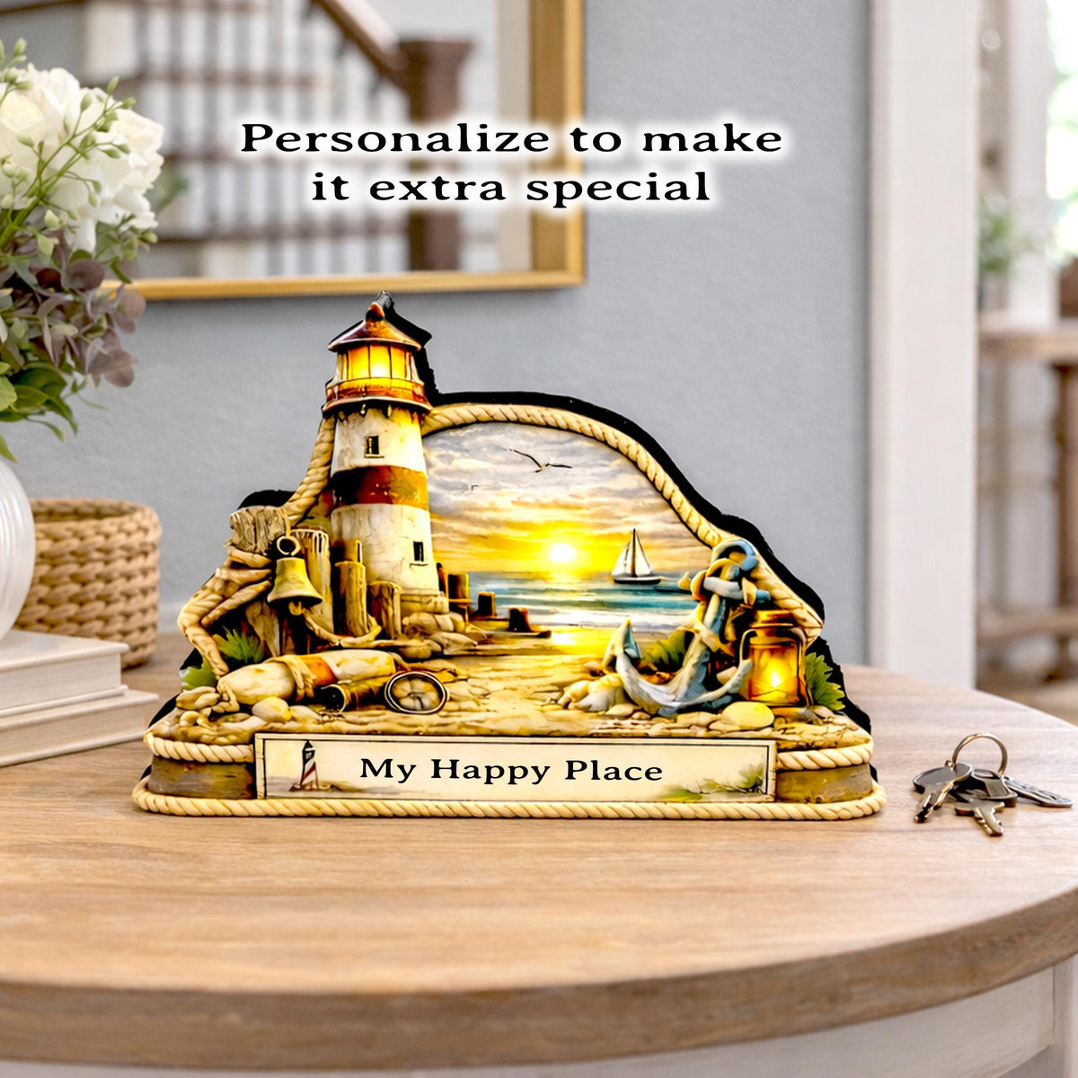 Personalized Lighthouse Shelf Sitter, Nautical Beach Decor, Coastal Tabletop Sign, Beach House Keepsake, Shelf & Mantle Decor