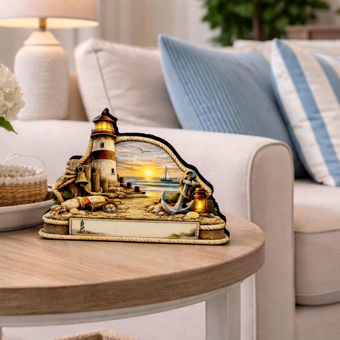 Personalized Lighthouse Shelf Sitter, Nautical Beach Decor, Coastal Tabletop Sign, Beach House Keepsake, Shelf & Mantle Decor
