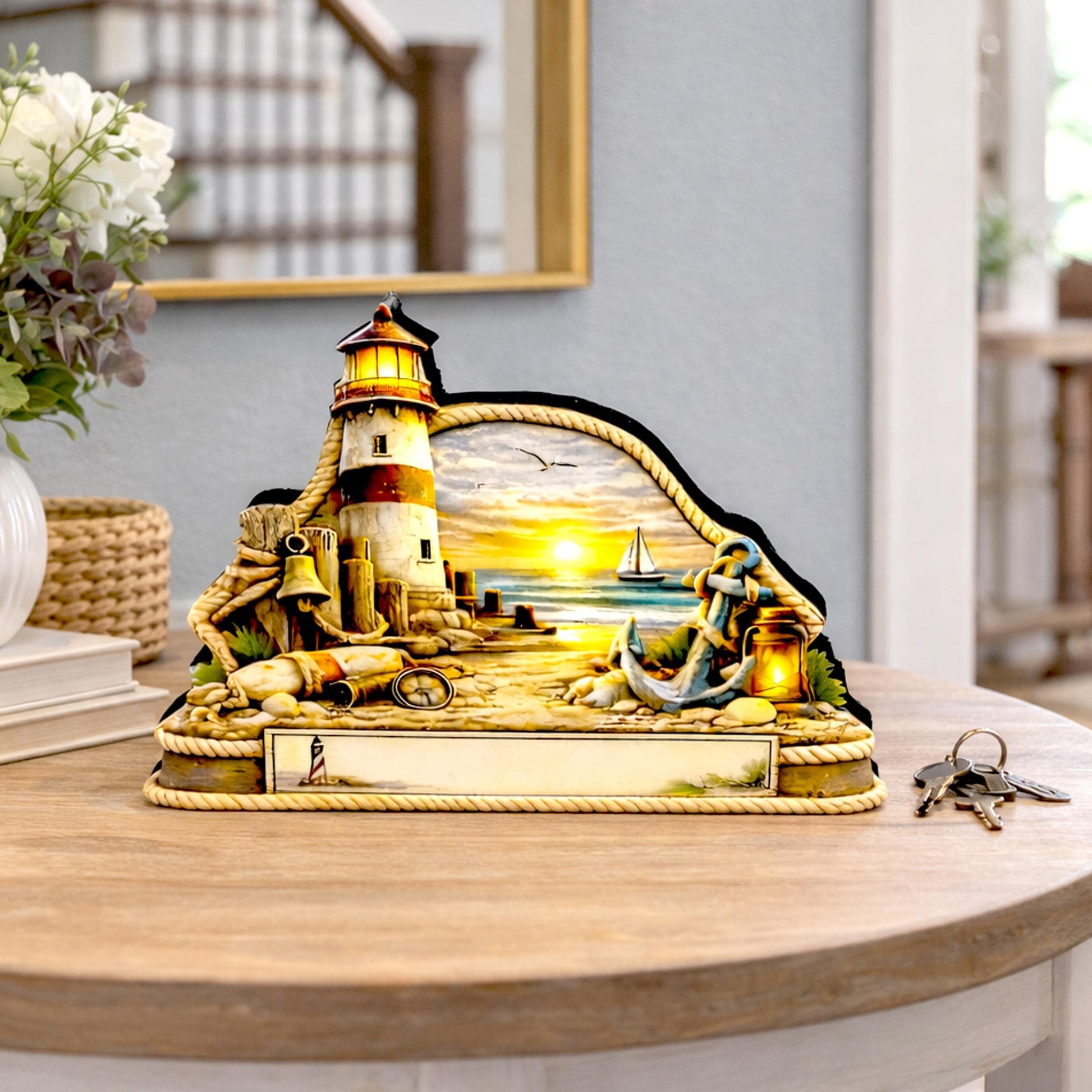 Personalized Lighthouse Shelf Sitter, Nautical Beach Decor, Coastal Tabletop Sign, Beach House Keepsake, Shelf & Mantle Decor