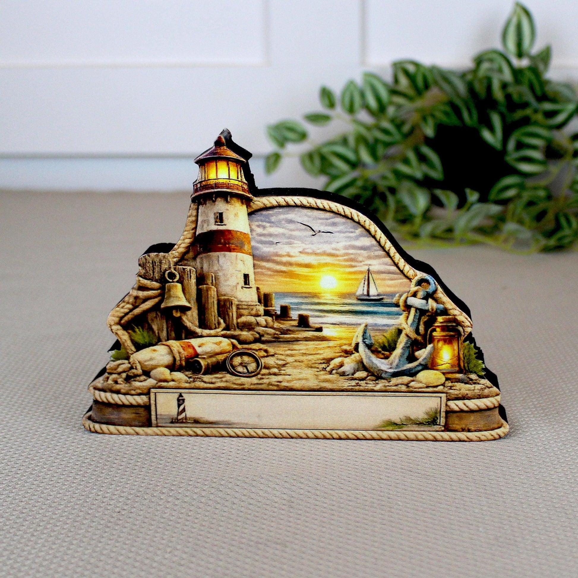 Personalized Lighthouse Shelf Sitter, Nautical Beach Decor, Coastal Tabletop Sign, Beach House Keepsake, Shelf & Mantle Decor