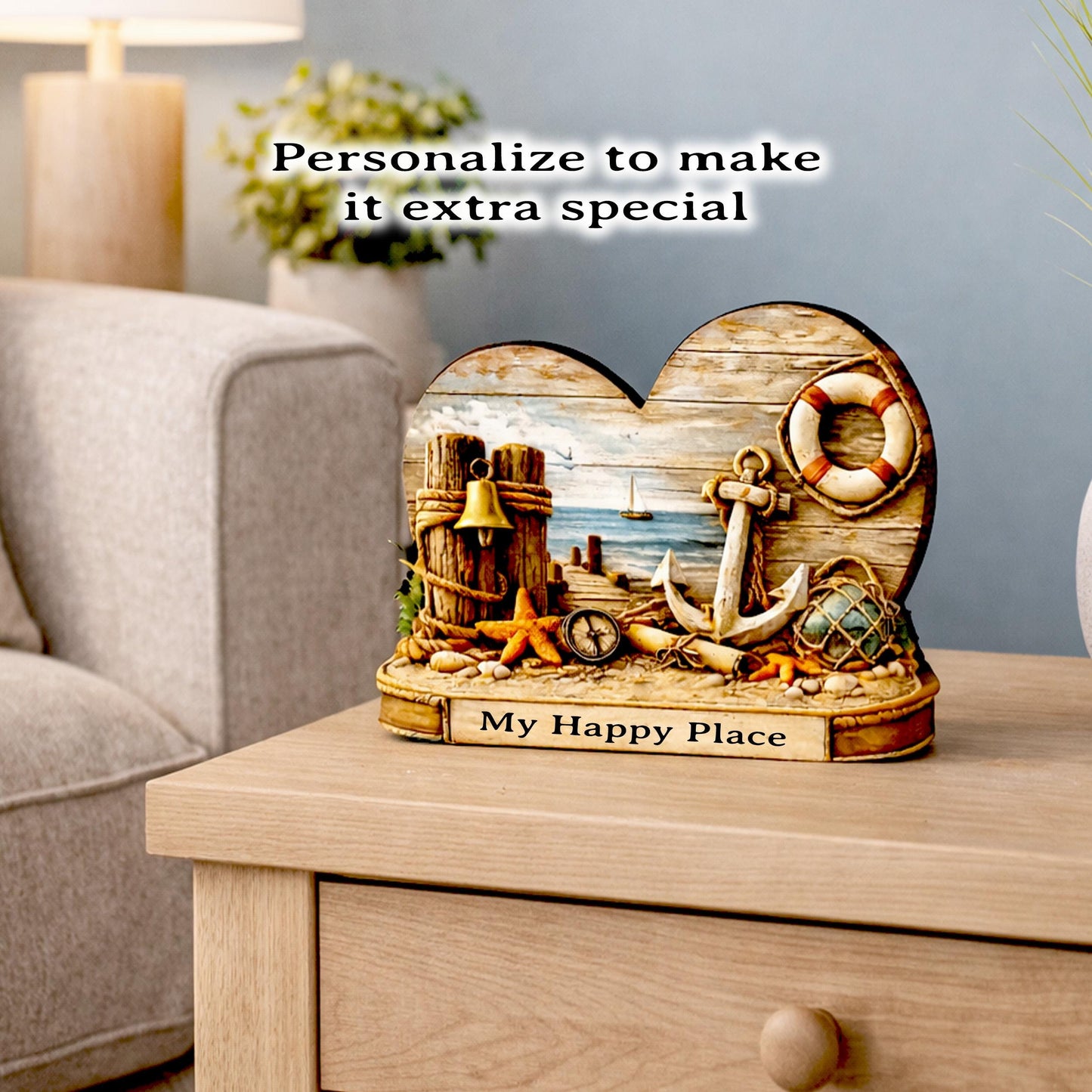 Personalized Coastal Heart Shelf Sitter, Nautical Beach House Decor, Ocean Lover Gift, Tabletop Sign, Keepsake, Mantel & Tiered Tray Decor