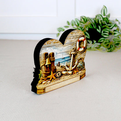 Personalized Coastal Heart Shelf Sitter, Nautical Beach House Decor, Ocean Lover Gift, Tabletop Sign, Keepsake, Mantel & Tiered Tray Decor