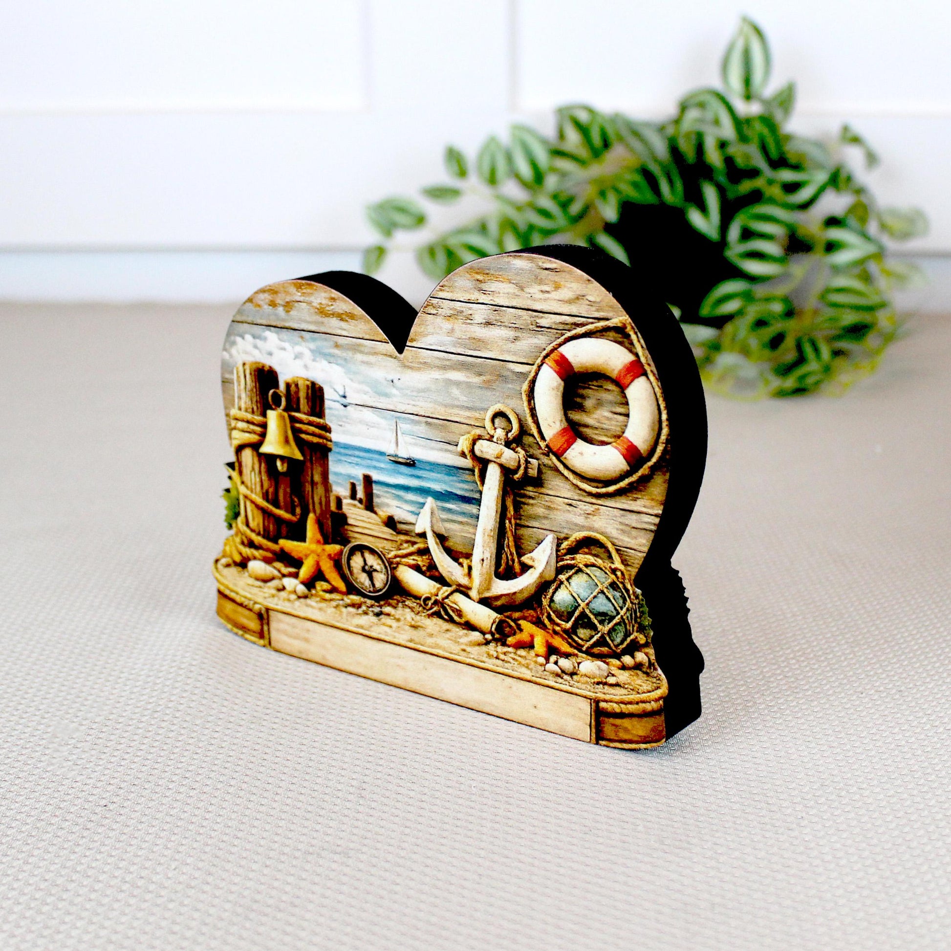 Personalized Coastal Heart Shelf Sitter, Nautical Beach House Decor, Ocean Lover Gift, Tabletop Sign, Keepsake, Mantel & Tiered Tray Decor