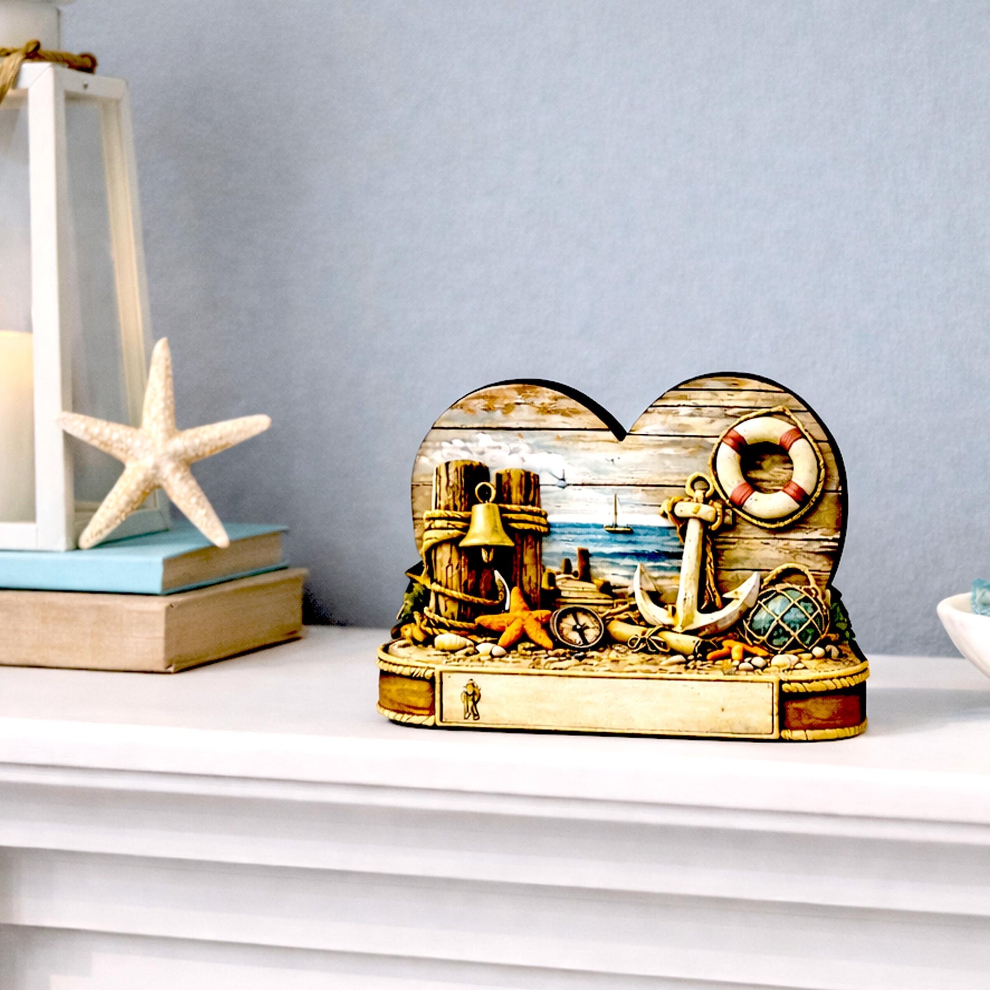 Personalized Coastal Heart Shelf Sitter, Nautical Beach House Decor, Ocean Lover Gift, Tabletop Sign, Keepsake, Mantel & Tiered Tray Decor