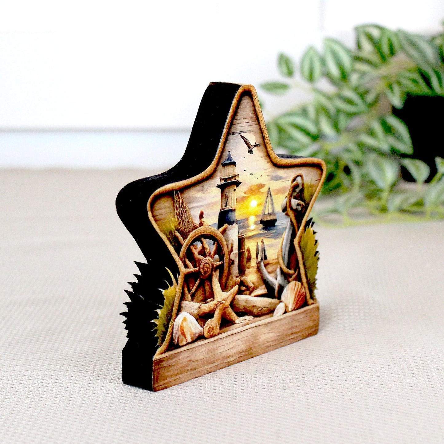 Personalized Coastal Star Shelf Sitter, Nautical Beach Decor, Lighthouse Tabletop Sign, Beach House Keepsake, Shelf & Mantle Decor