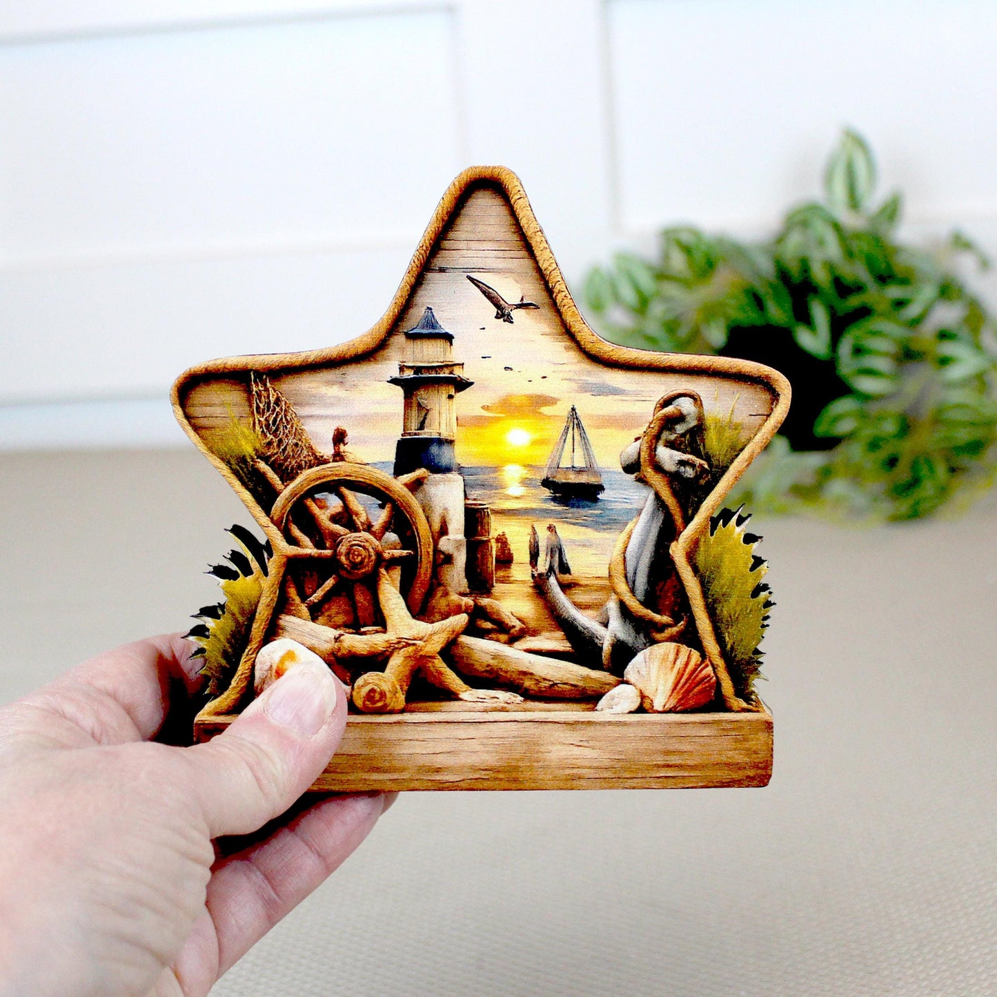 Personalized Coastal Star Shelf Sitter, Nautical Beach Decor, Lighthouse Tabletop Sign, Beach House Keepsake, Shelf & Mantle Decor