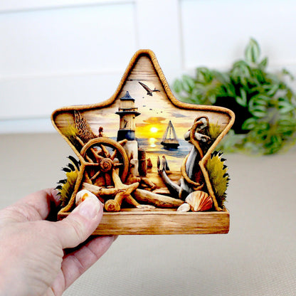 Personalized Coastal Star Shelf Sitter, Nautical Beach Decor, Lighthouse Tabletop Sign, Beach House Keepsake, Shelf & Mantle Decor