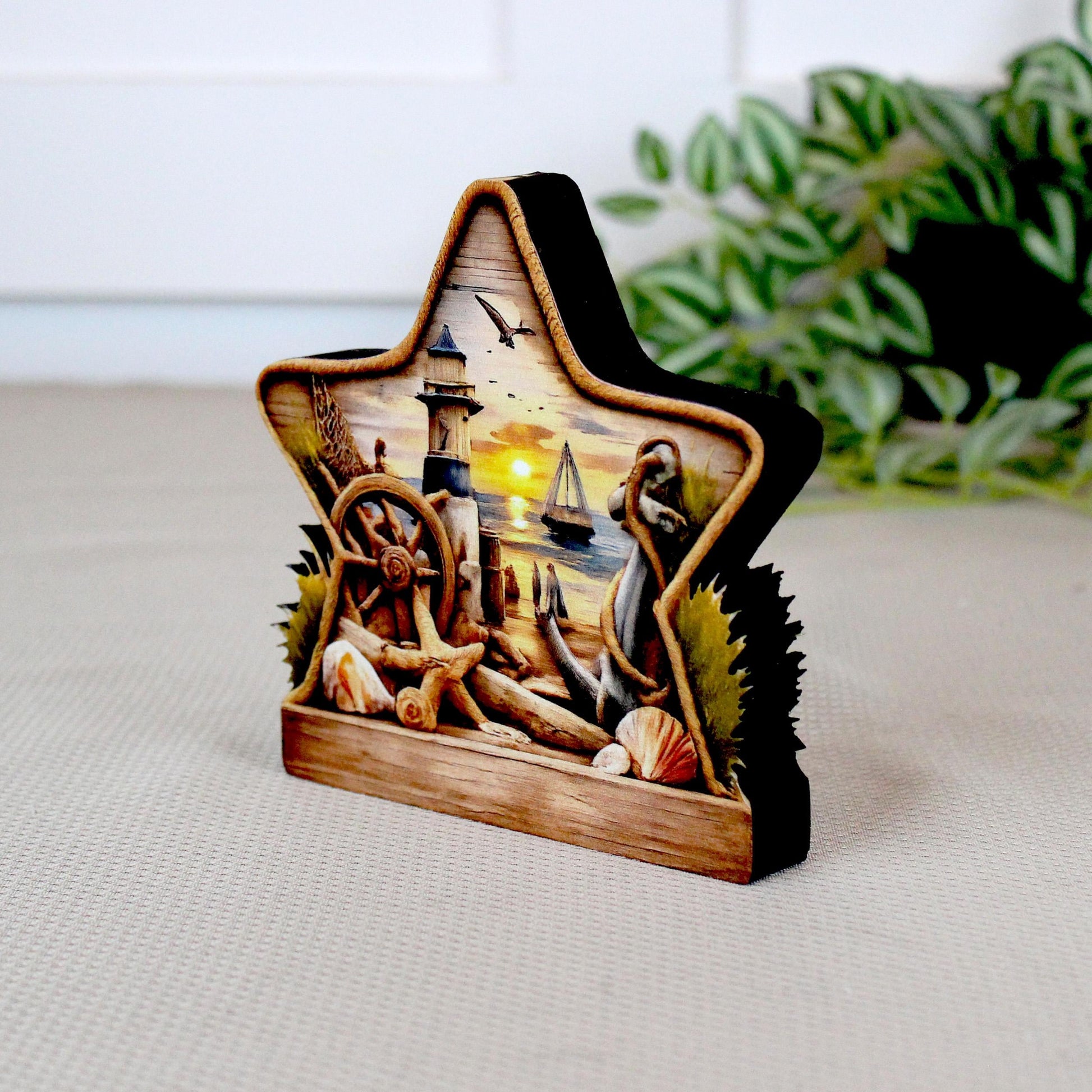Personalized Coastal Star Shelf Sitter, Nautical Beach Decor, Lighthouse Tabletop Sign, Beach House Keepsake, Shelf & Mantle Decor