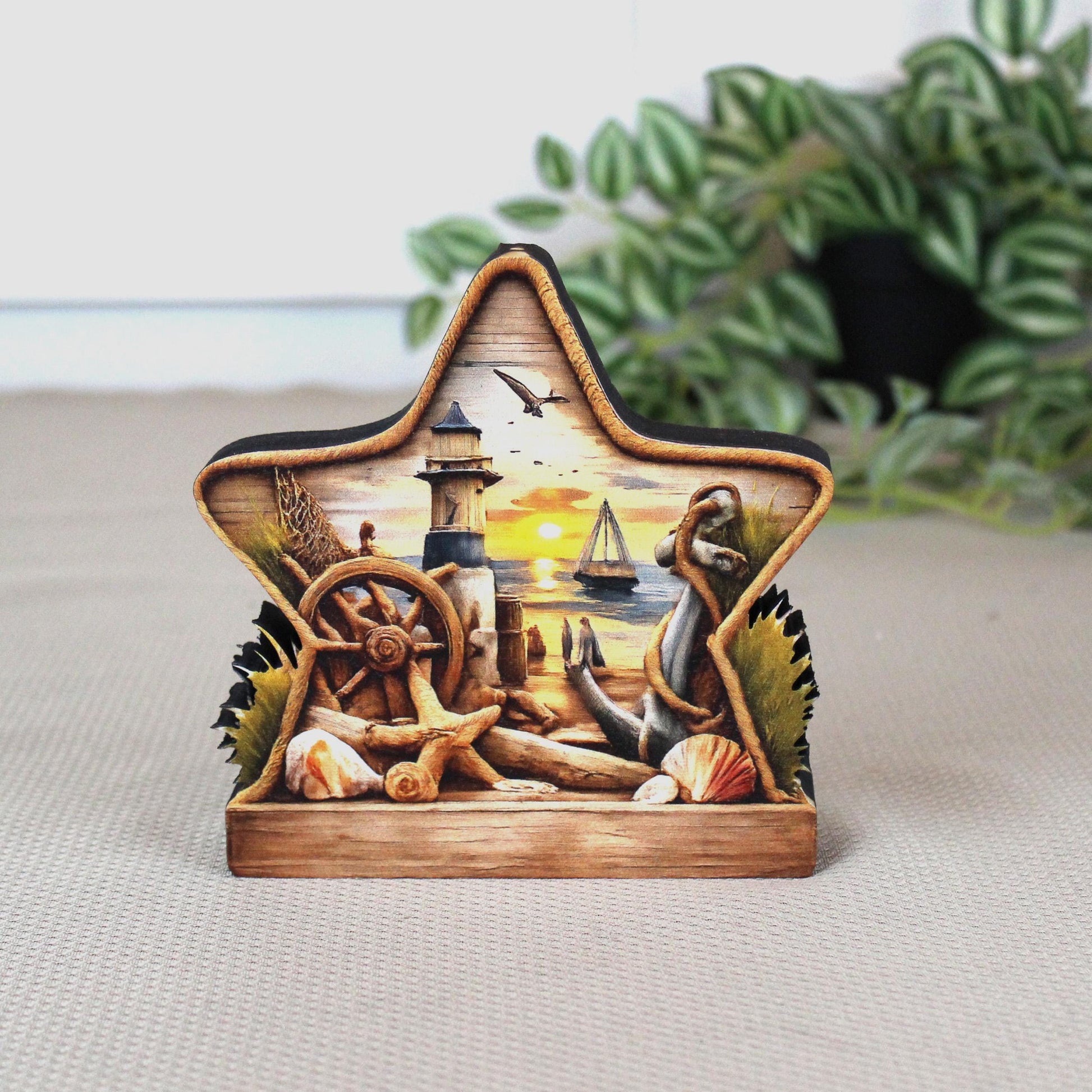 Personalized Coastal Star Shelf Sitter, Nautical Beach Decor, Lighthouse Tabletop Sign, Beach House Keepsake, Shelf & Mantle Decor