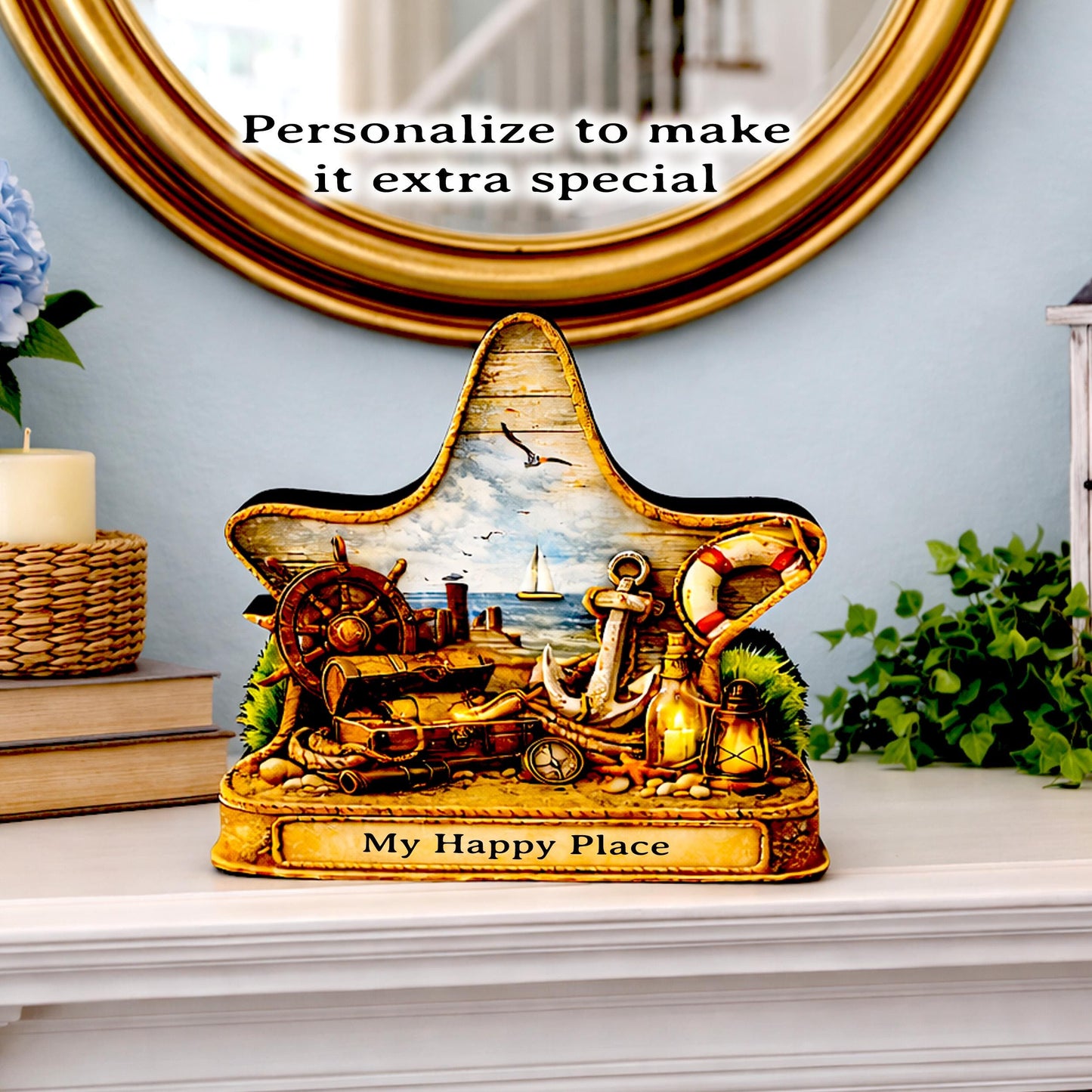 Personalized Nautical Star Shelf Sitter, Coastal Beach Decor, Starfish Tabletop Sign, Beach House Keepsake Gift, Shelf & Mantle Decor