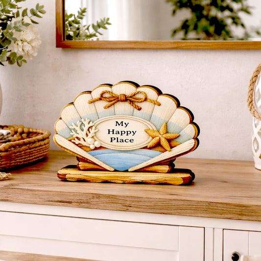 Personalized Scalloped Seashell Shelf Sitter, Nautical Beach Decor, Coastal Tabletop Sign, Beach House Keepsake, Shelf & Mantle Decor